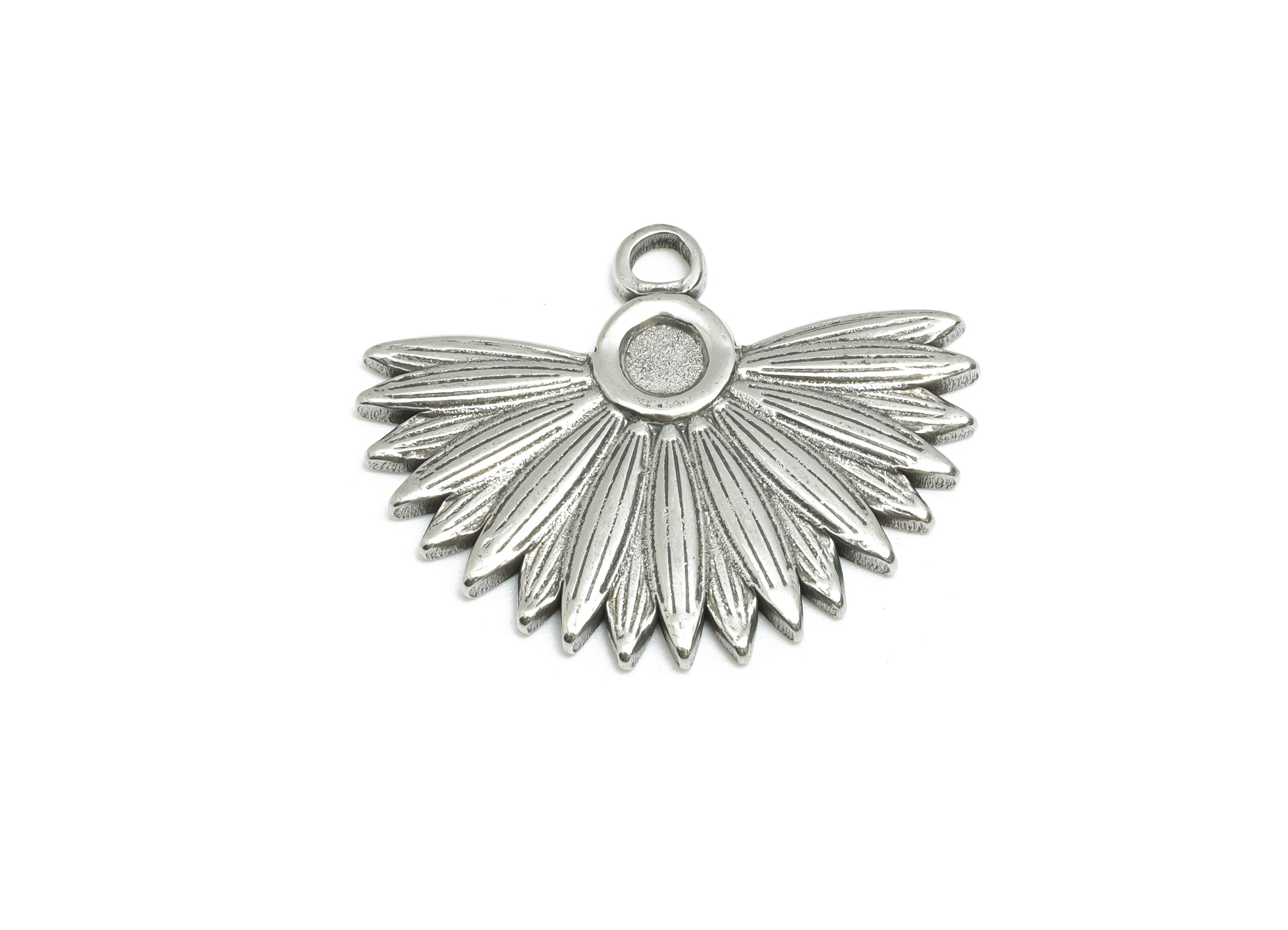 Stainless Steel Fan Charms - Textured Sunburst Floral Pendant - DIY Jewelry For Gemstone - Steel Jewelry Accessory - 17x22x1mm - SS1949 - DOMEDBAZAAR