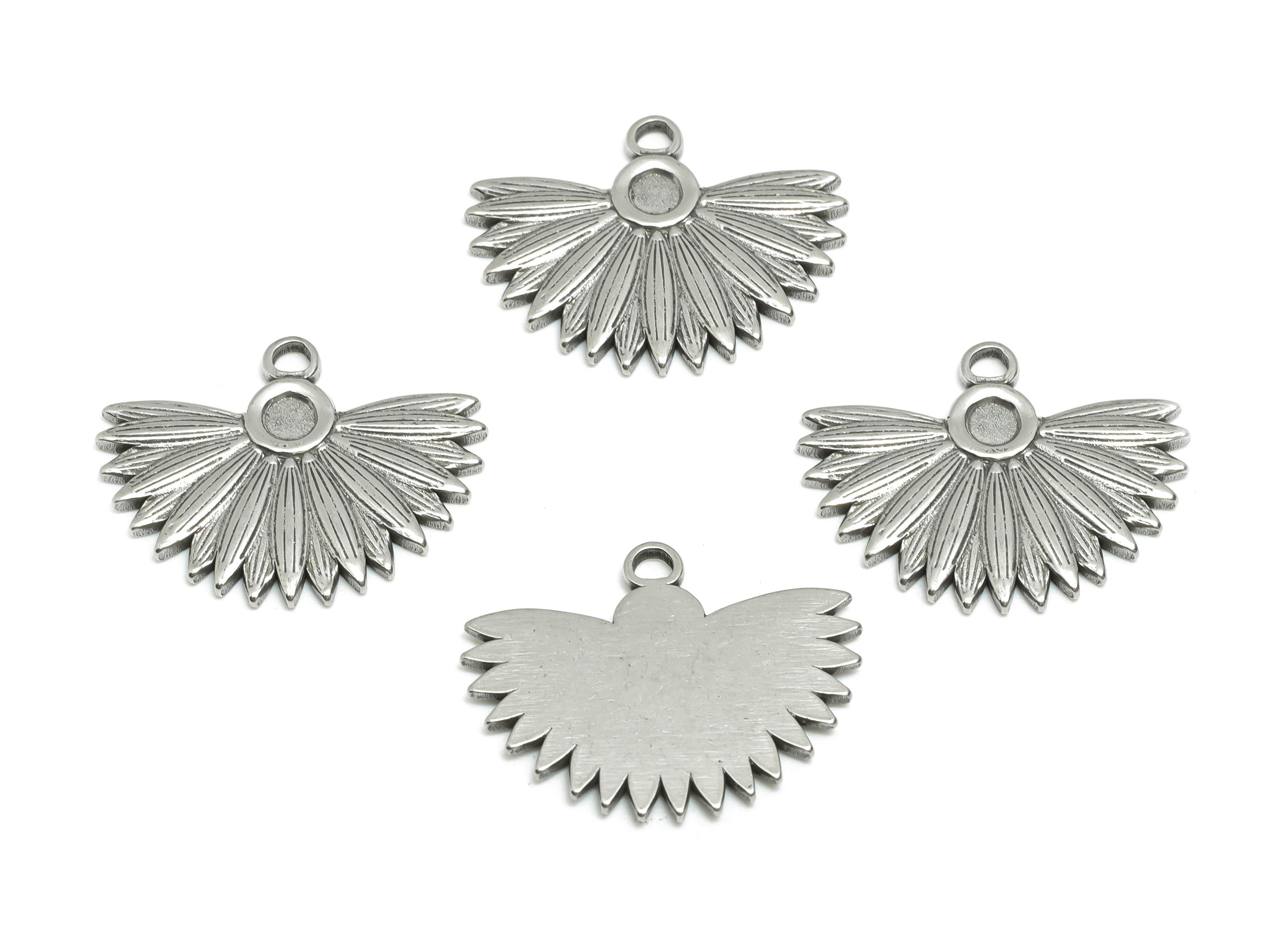 Stainless Steel Fan Charms - Textured Sunburst Floral Pendant - DIY Jewelry For Gemstone - Steel Jewelry Accessory - 17x22x1mm - SS1949 - DOMEDBAZAAR