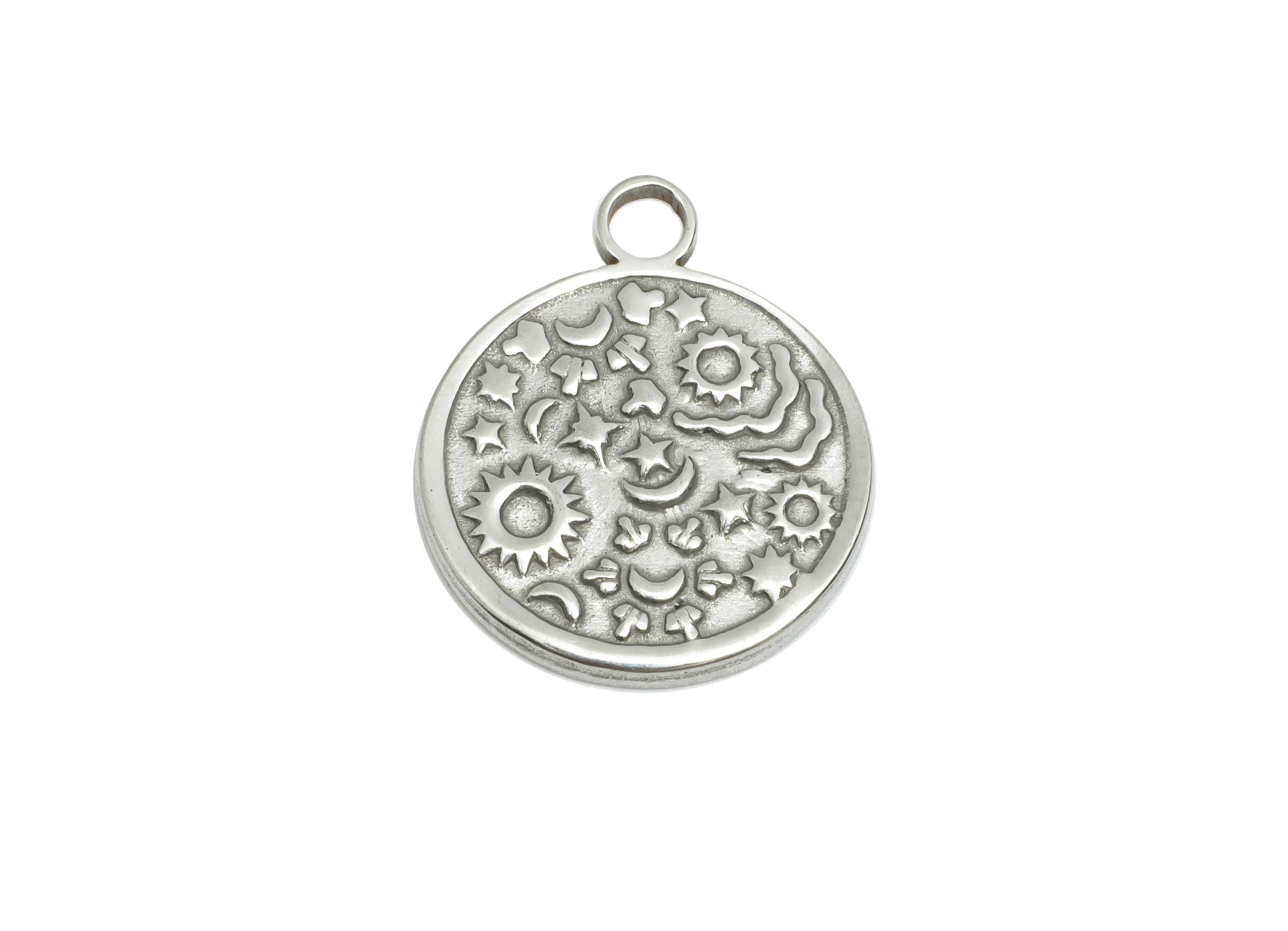 Steel Celestial Pendant - Textured Sun Moon Stars Charm for Necklace - Space Handmade Jewelry - Stainless Steel Jewelry - 19x16x1mm - SS1794 - DOMEDBAZAAR