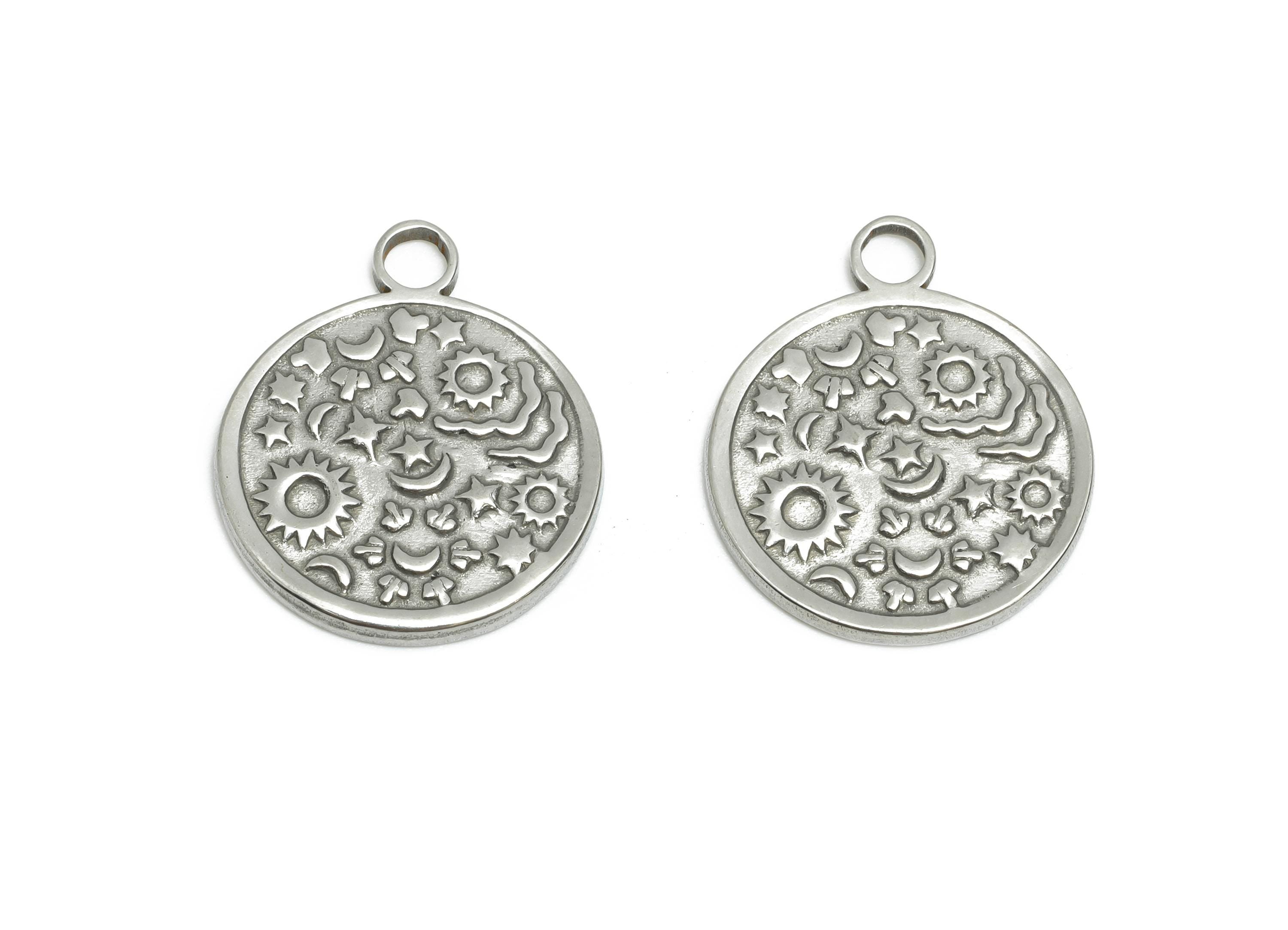 Steel Celestial Pendant - Textured Sun Moon Stars Charm for Necklace - Space Handmade Jewelry - Stainless Steel Jewelry - 19x16x1mm - SS1794 - DOMEDBAZAAR