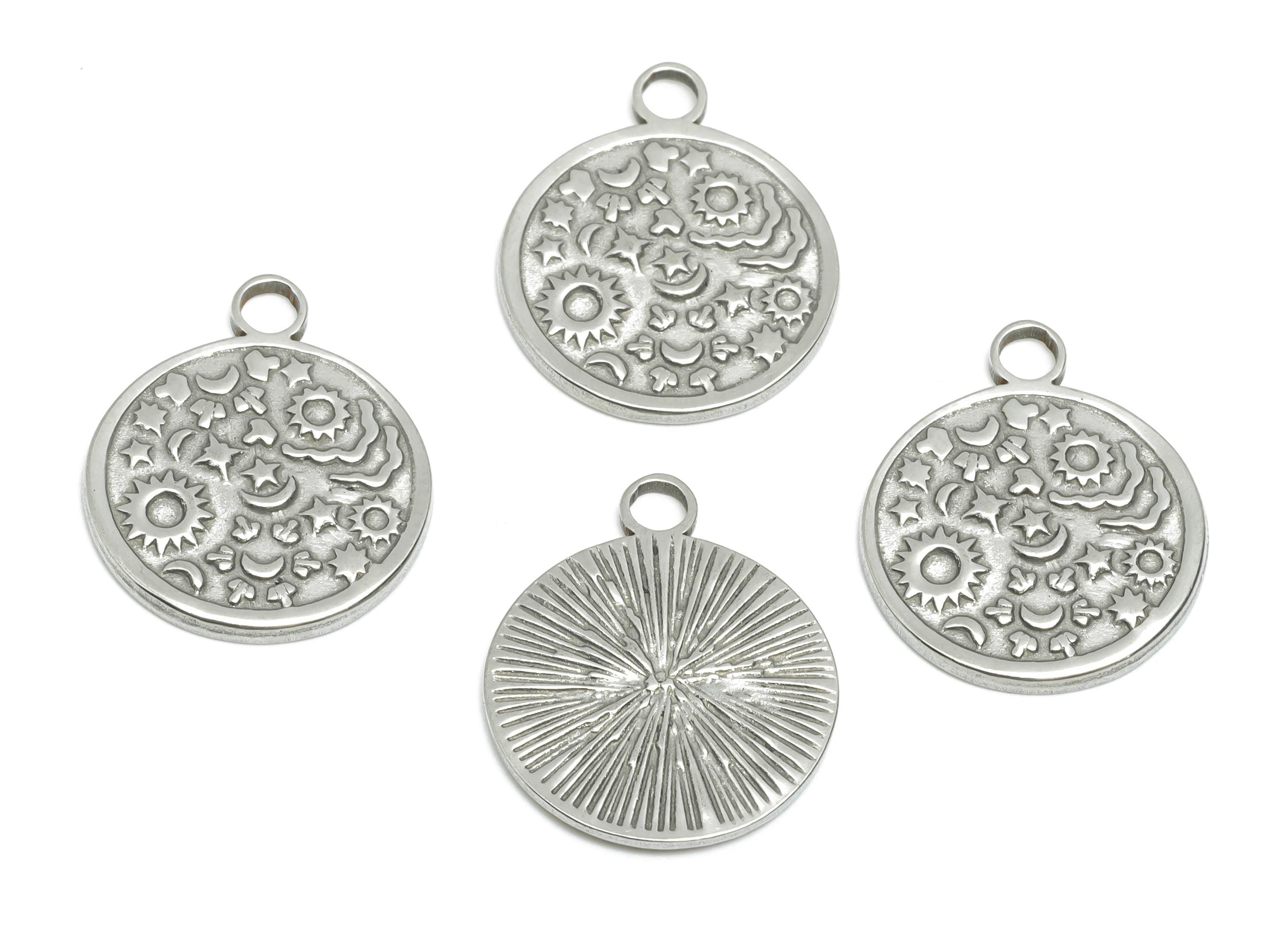 Steel Celestial Pendant - Textured Sun Moon Stars Charm for Necklace - Space Handmade Jewelry - Stainless Steel Jewelry - 19x16x1mm - SS1794 - DOMEDBAZAAR