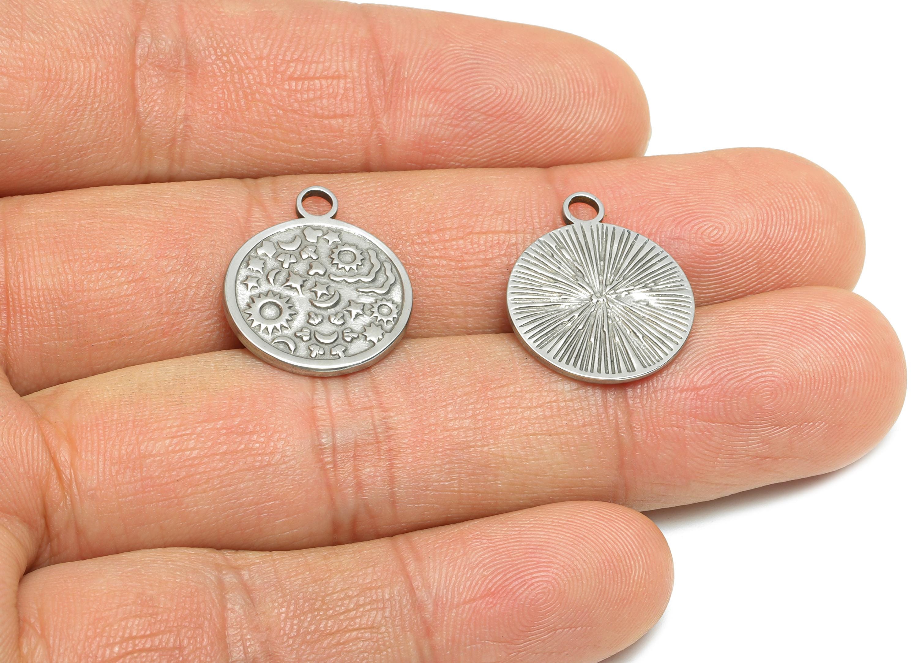 Steel Celestial Pendant - Textured Sun Moon Stars Charm for Necklace - Space Handmade Jewelry - Stainless Steel Jewelry - 19x16x1mm - SS1794 - DOMEDBAZAAR