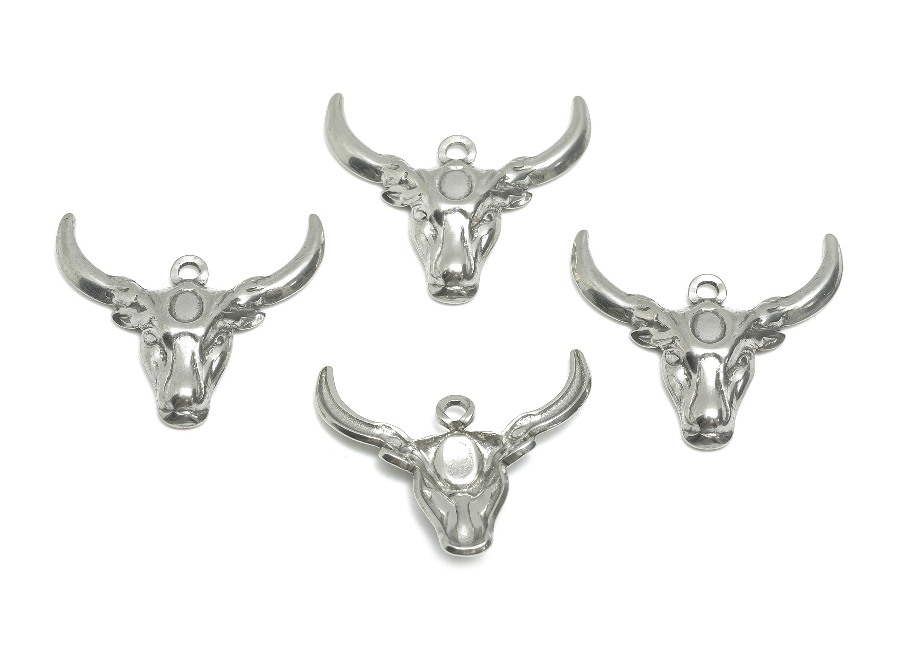 Stainless Steel Cow Head Pendant - Steel Animal Pendant for Necklace - Textured Silver Charm - Steel Jewelry Making - 22.64x25x3mm - SS1937 - DOMEDBAZAAR