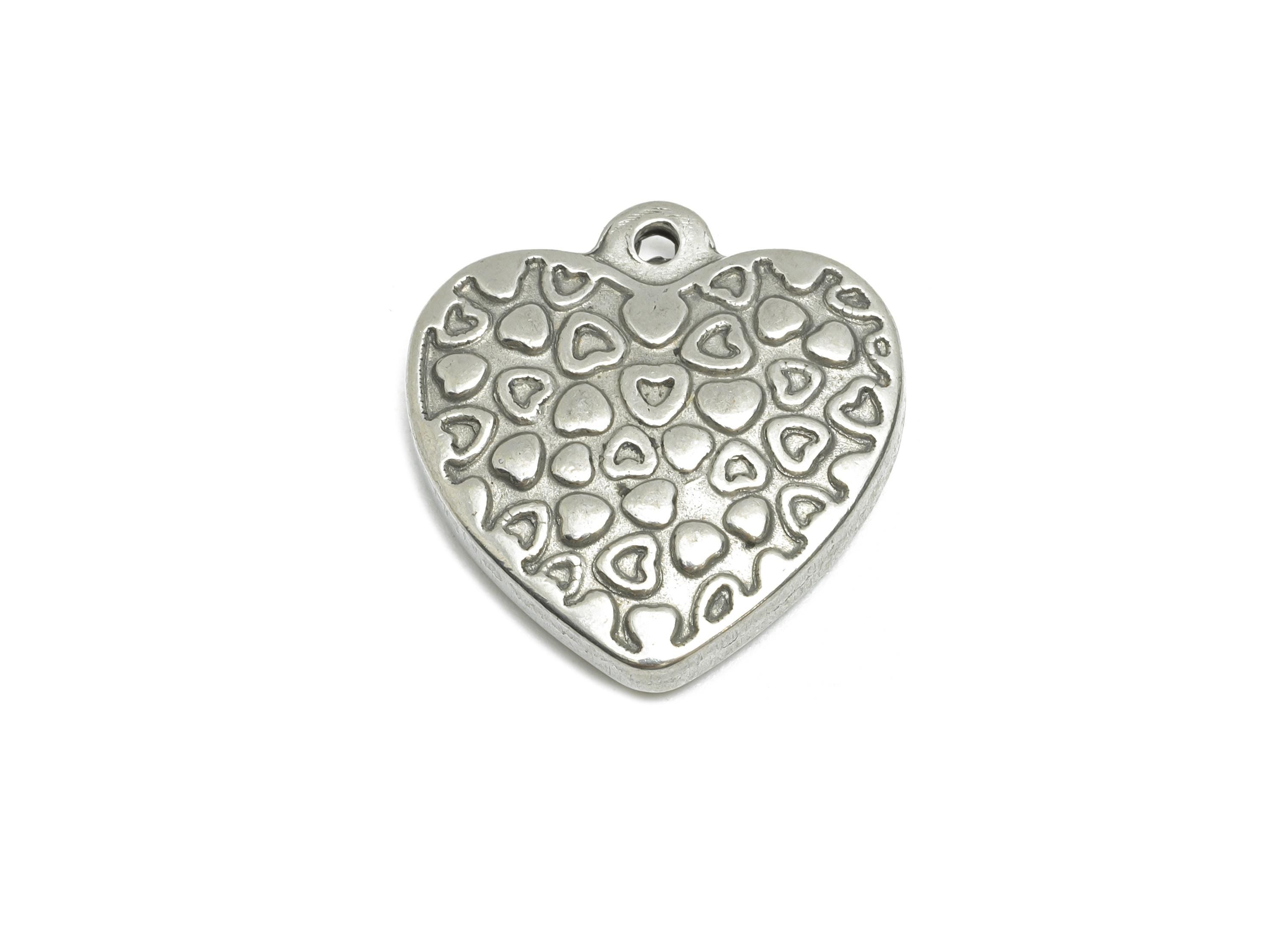 Stainless Steel Heart Charm - Textured Silver Heart Pendant for Necklace - Metal Embossed Heart Design - Steel Jewelry - 21x20x4mm - SS1755 - DOMEDBAZAAR