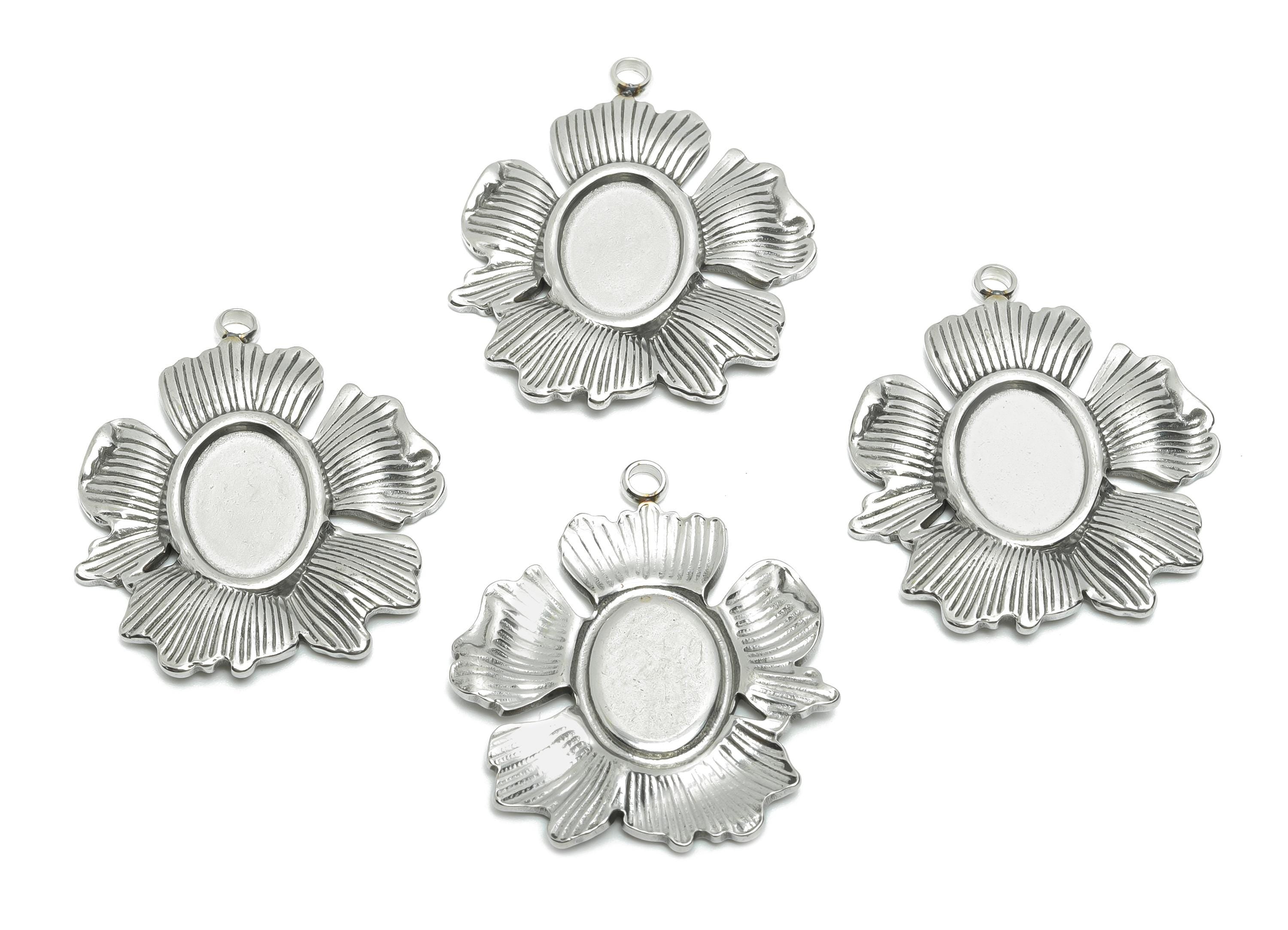 Stainless Steel Floral Pendant - Textured Silver Flower Necklace Pendant - Vintage Botanical Charm - Steel Jewelry DIY - 34x29x2mm - SS2190 - DOMEDBAZAAR