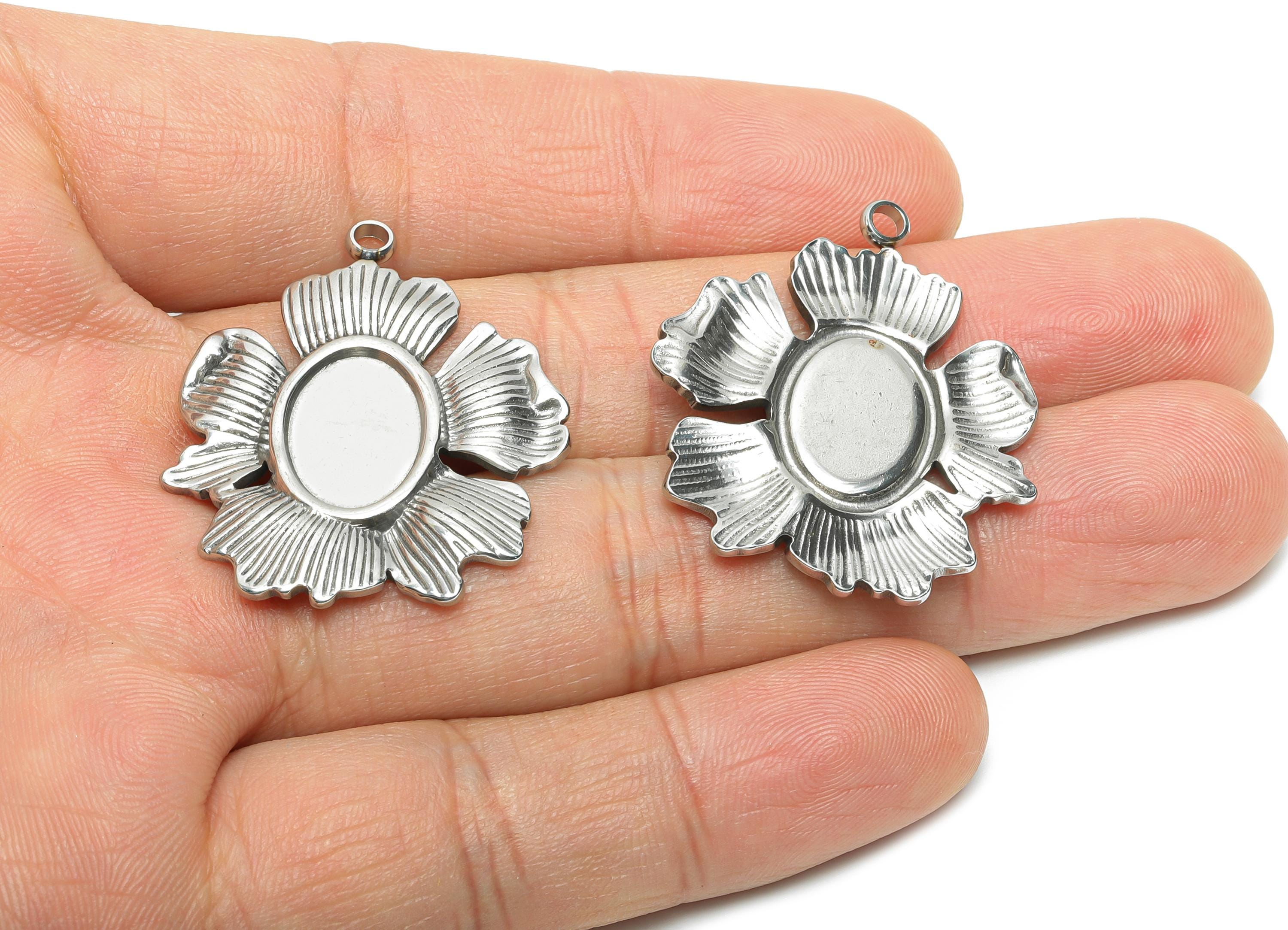 Stainless Steel Floral Pendant - Textured Silver Flower Necklace Pendant - Vintage Botanical Charm - Steel Jewelry DIY - 34x29x2mm - SS2190 - DOMEDBAZAAR