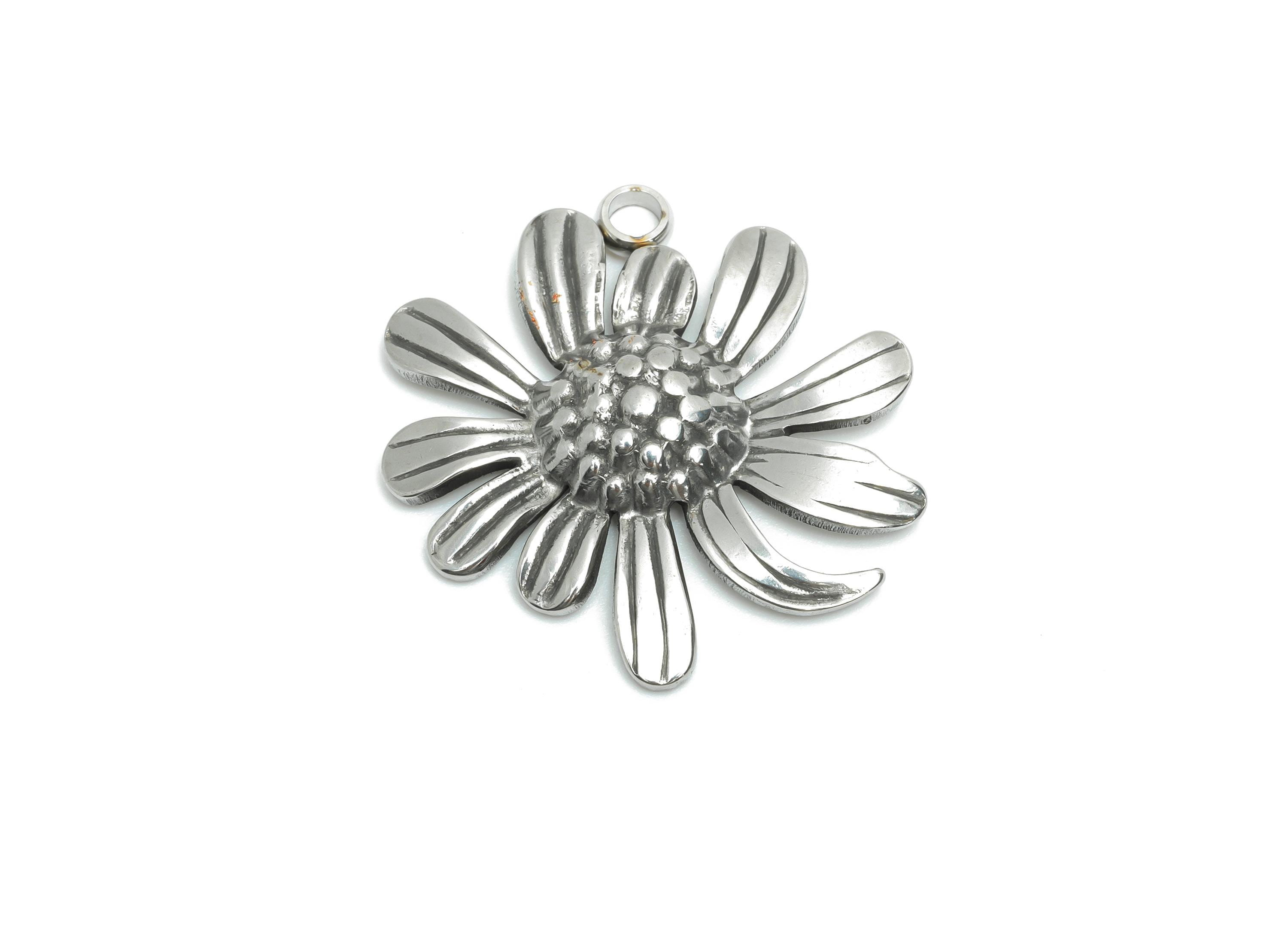 Steel Daisy Pendant - Handmade Silver Flower Necklace Pendant - Statement Botanical Floral Pendant - Steel Jewelry DIY - 23x26x3mm - SS2202 - DOMEDBAZAAR