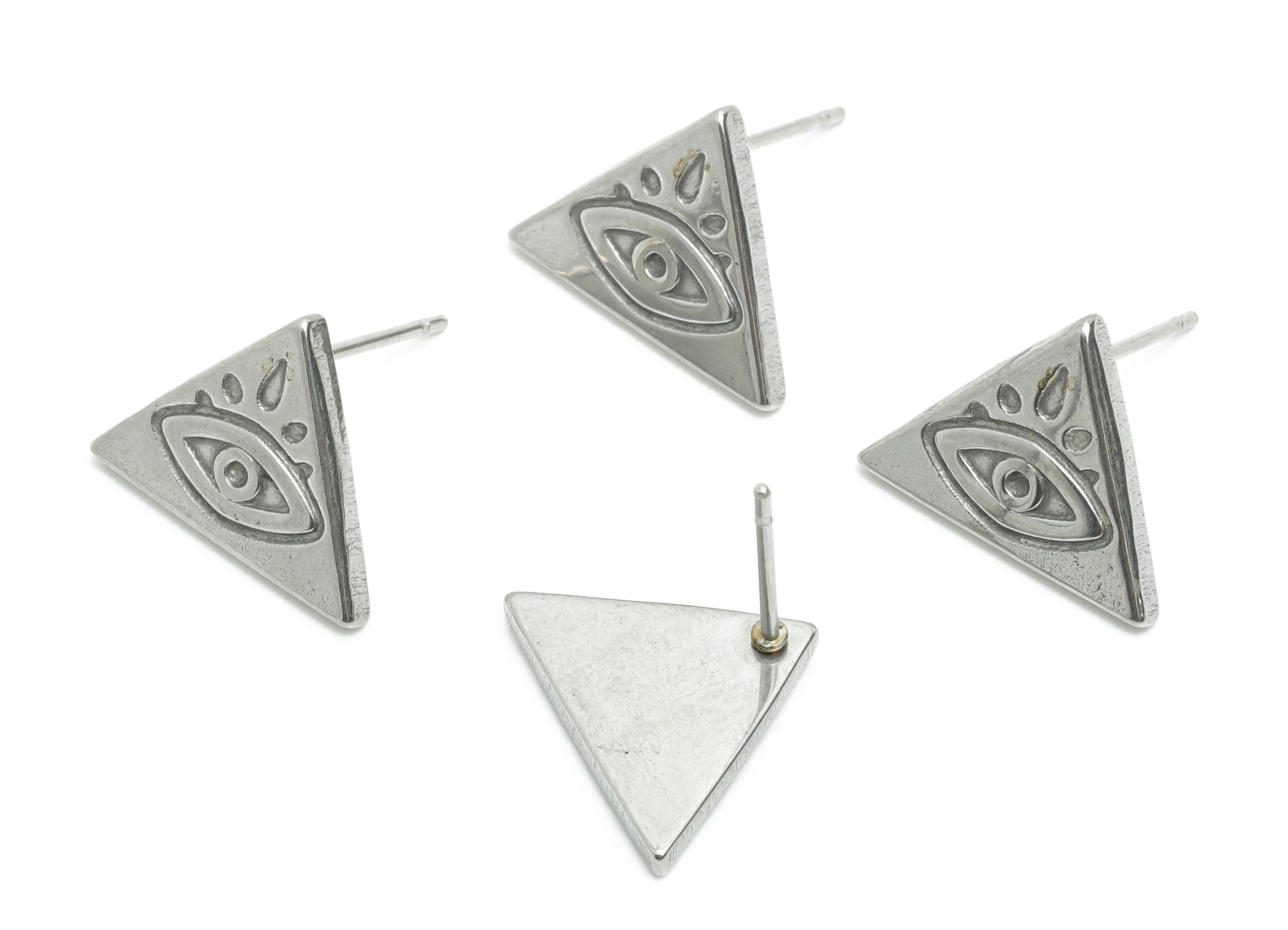 Steel Evil Eye Earring Studs - Triangle Silver Eye Earring Posts - Minimalist Geometric Studs - Earring Finding - 15.85x11.78x1.8mm - SS2156 - DOMEDBAZAAR