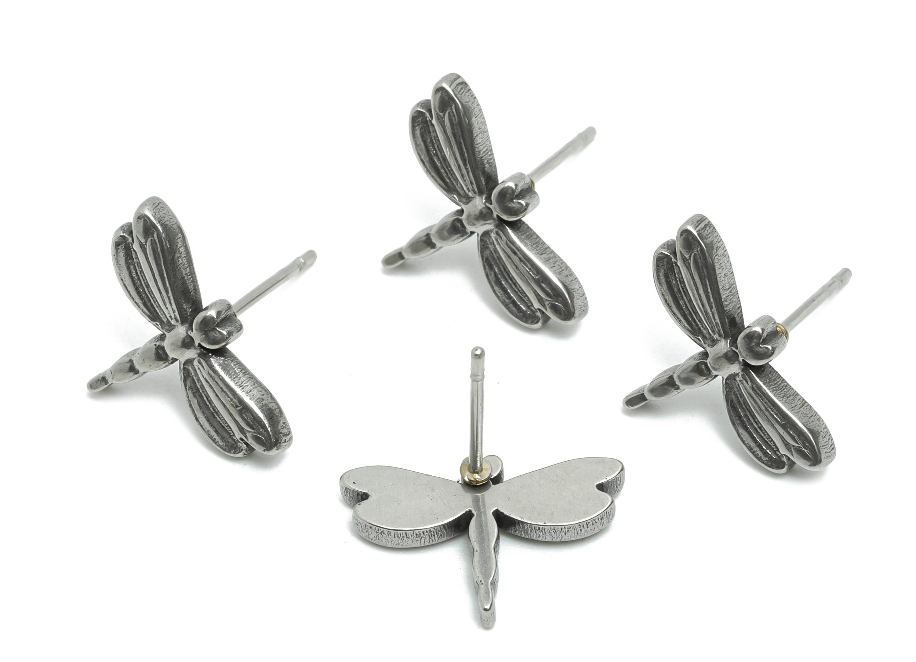Stainless Steel Dragonfly Studs - Silver Insect Earring Post - Refined Dragonfly Earring Stud - Steel Findings - 15.84x10.87x2.13mm - SS2185 - DOMEDBAZAAR