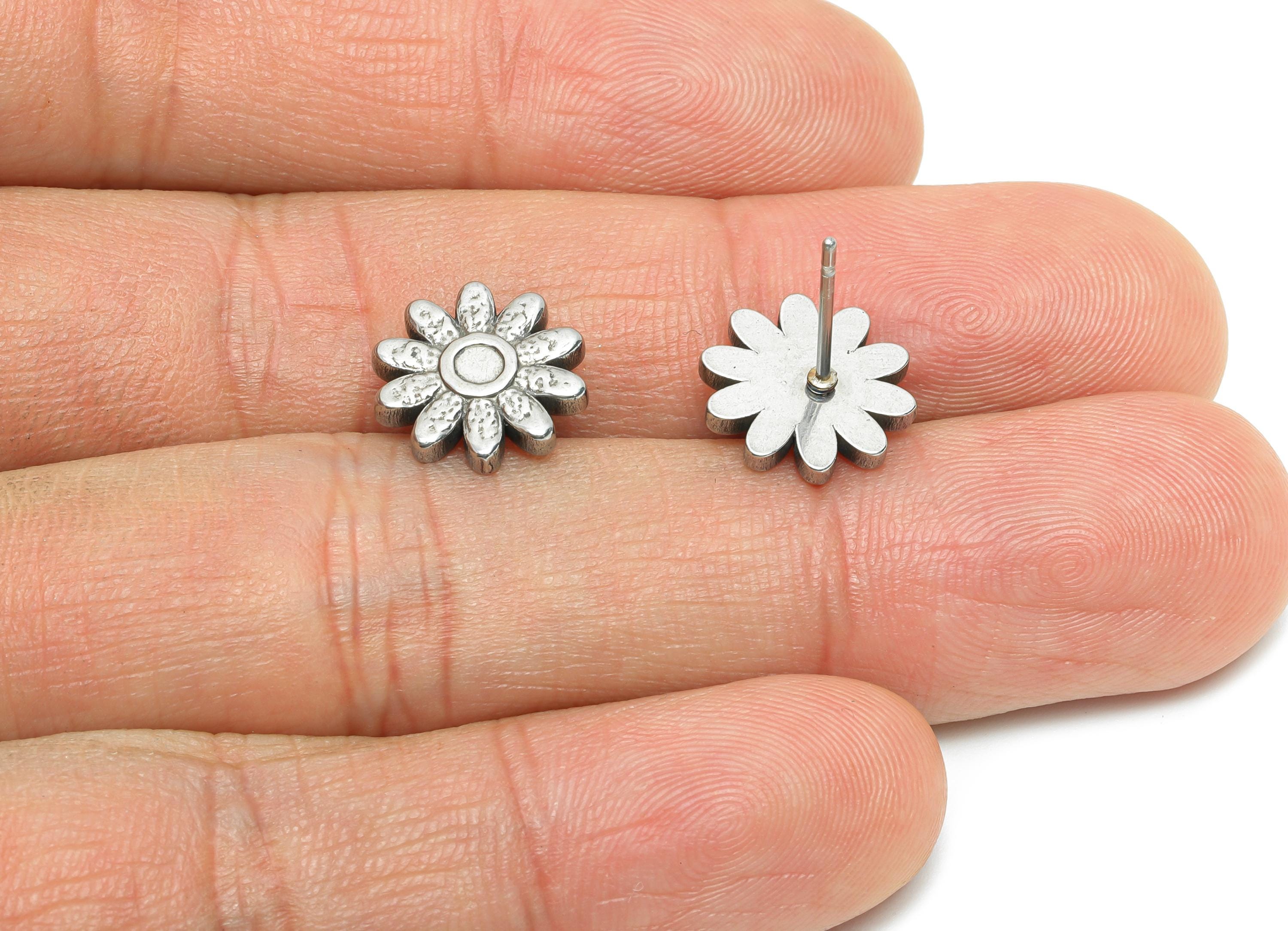 Stainless Steel Daisy Stud - Whimsical Silver Flower Earring Post - Dainty Botanical Earring - Spring Bloom Jewelry - 11x11.9x2.7mm - SS2183 - DOMEDBAZAAR