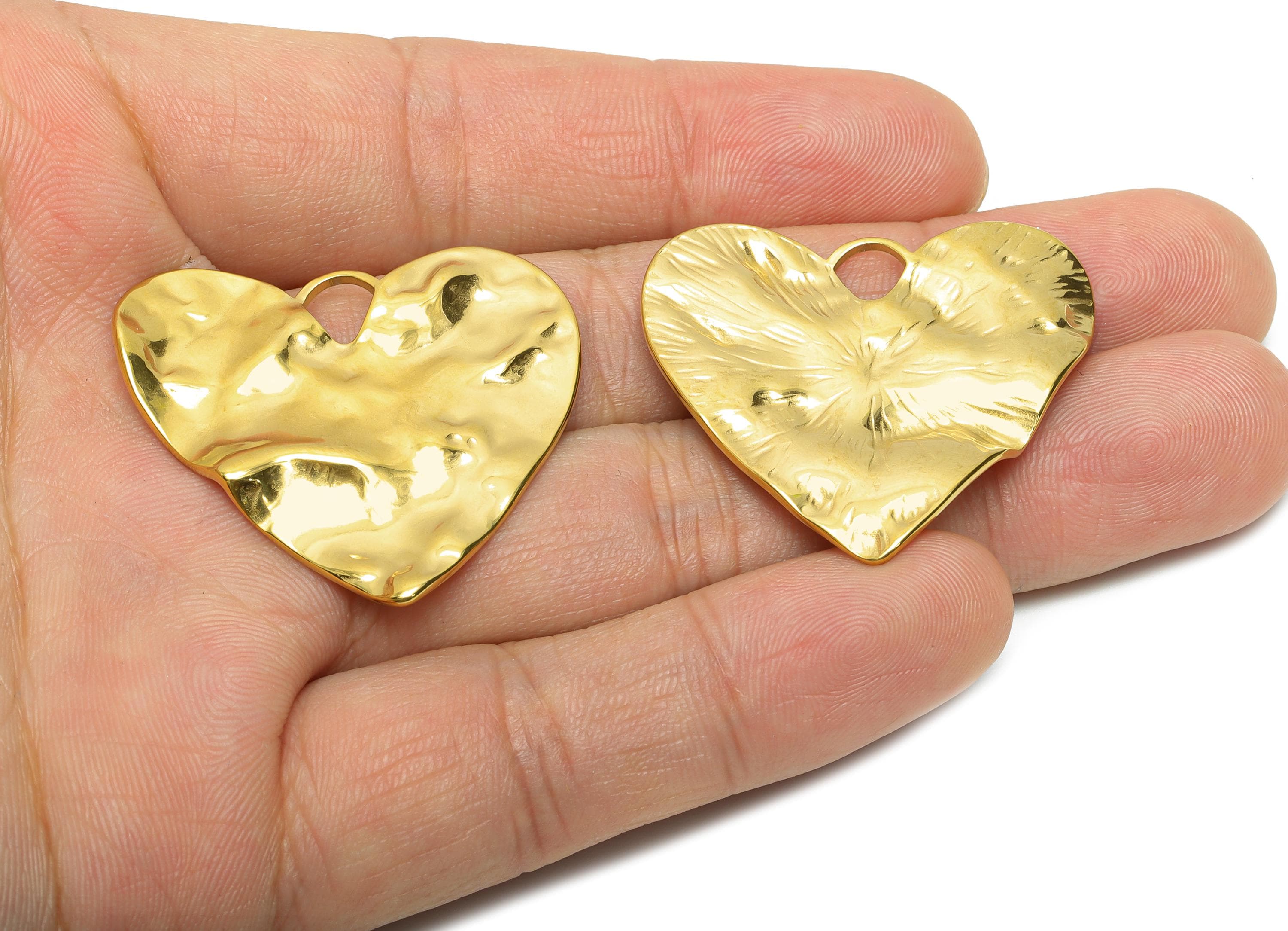 Gold Steel Heart Pendant - Hammered Modern Heart Necklace Pendant - Abstract Heart Jewelry Design - Gold Tone Plated - 33x35x2mm - SS2055G - DOMEDBAZAAR