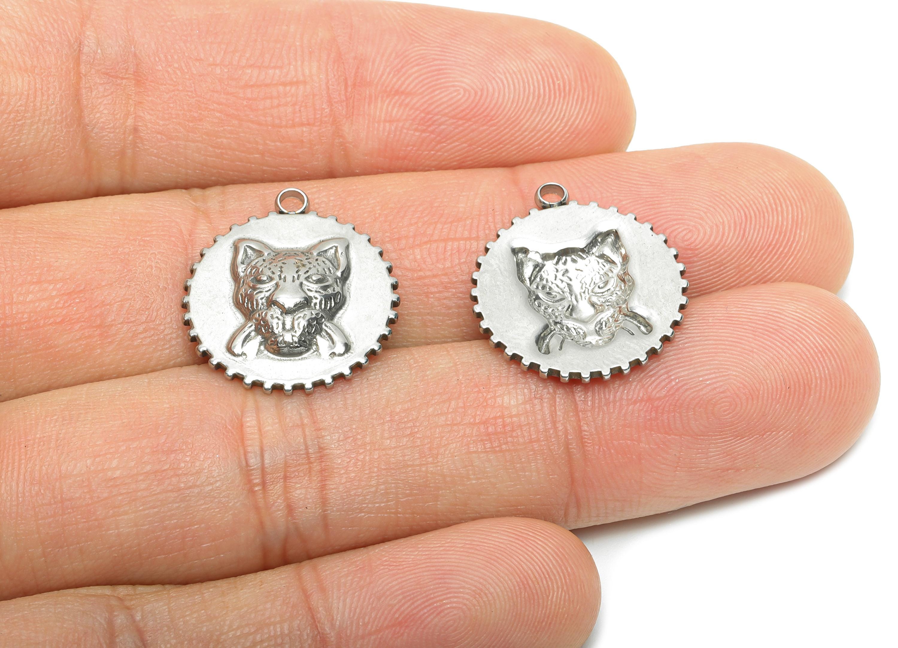 Stainless Steel Tiger Charm - Unique Jaguar Animal Necklace Pendant - Modern Steel Tiger Charm - Jewelry Making - 20.27x18x3.28mm - SS2186 - DOMEDBAZAAR