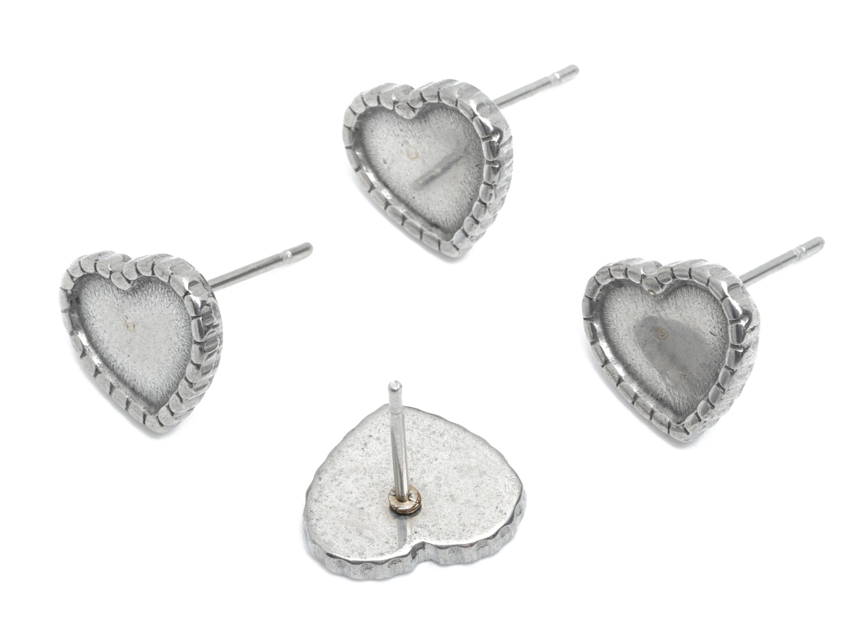 Heart Bezel Stud Earring - Steel Vintage Earring Post - Romantic Handmade Jewelry - Earring for Personalized Creations - 12x10x1mm - SS2149 - DOMEDBAZAAR