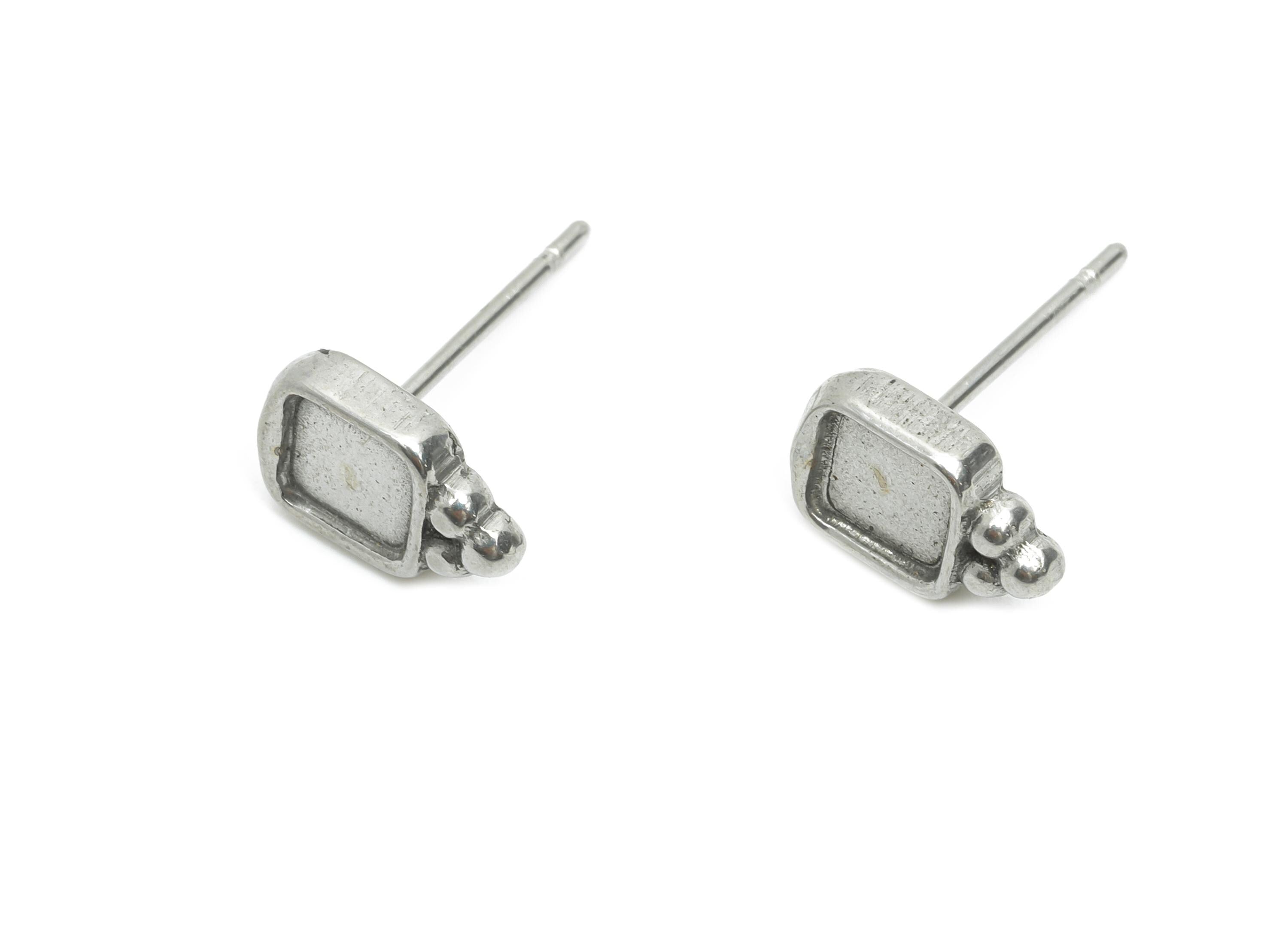 Oval Bezel Stud Earring - Steel Vintage Earring Post - Handmade Small Cabochon Earring - Mini Square Bezel Stud Earring - 9x6x2mm - SS2170 - DOMEDBAZAAR