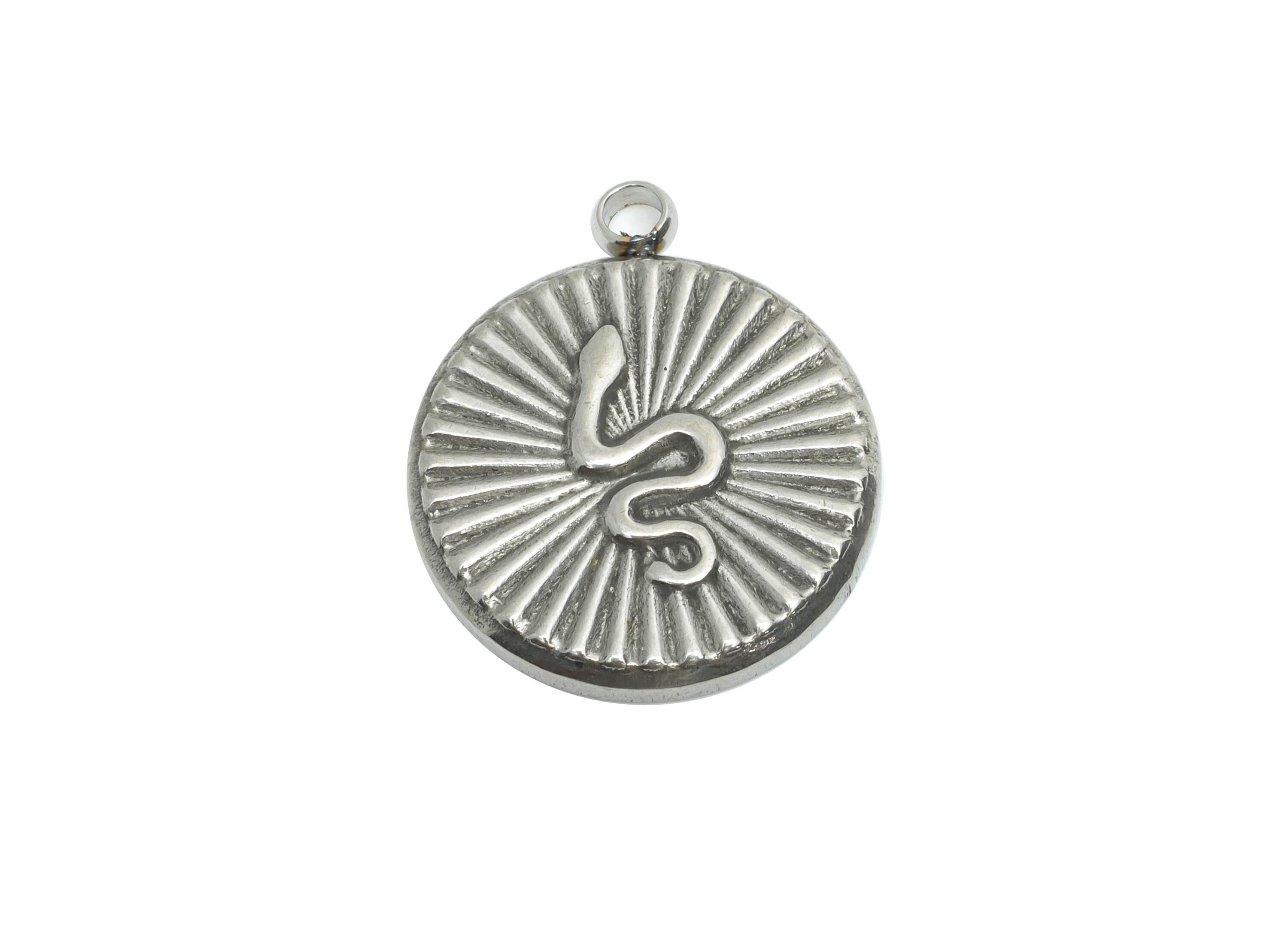 Stainless Steel Snake Charm - Textured Round Sunburst Snake Pendant - Mystical Serpent Charms -Steel Jewelry DIY - 18.7x15.9x2.12mm - SS2191 - DOMEDBAZAAR