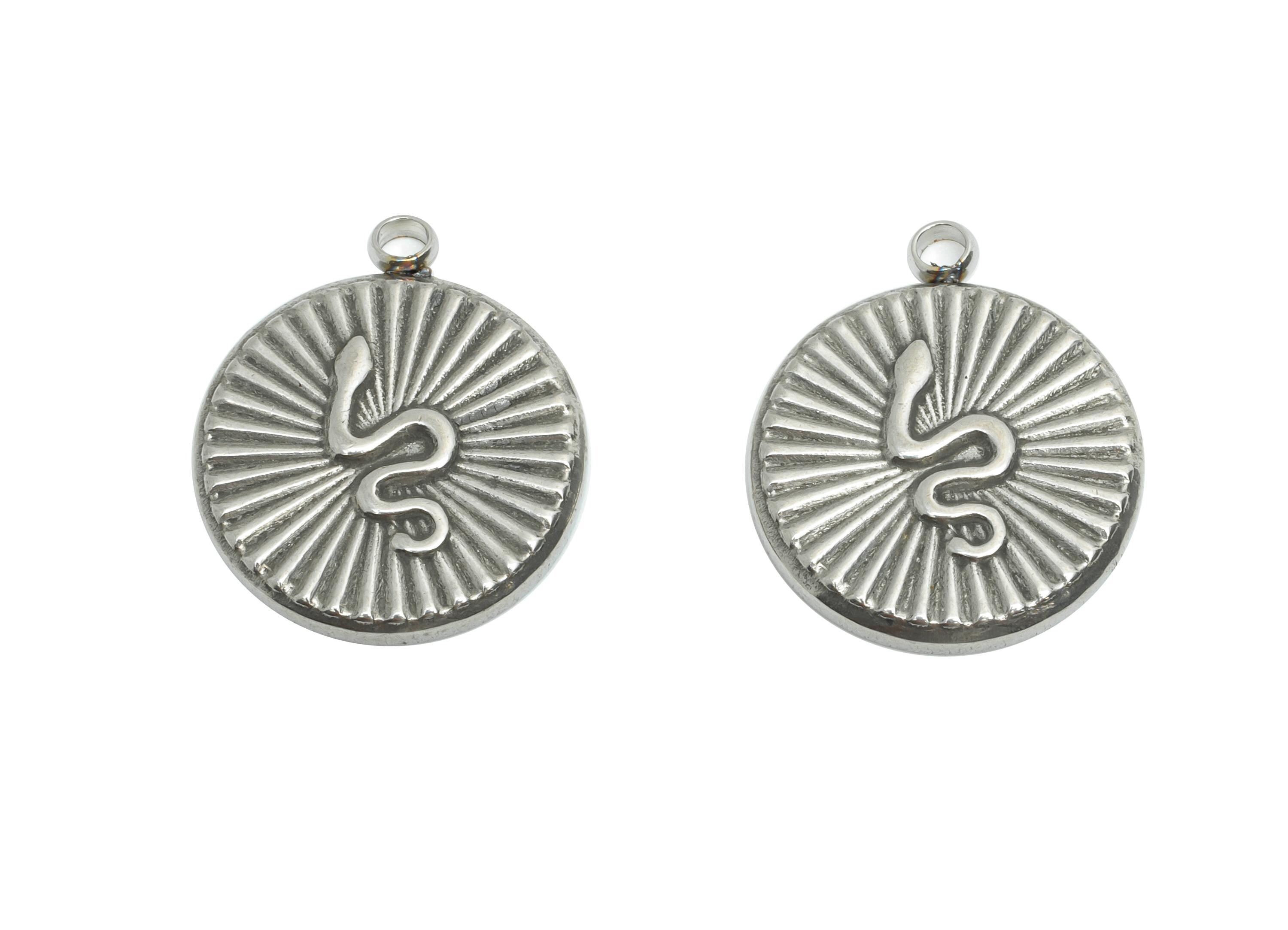 Stainless Steel Snake Charm - Textured Round Sunburst Snake Pendant - Mystical Serpent Charms -Steel Jewelry DIY - 18.7x15.9x2.12mm - SS2191 - DOMEDBAZAAR