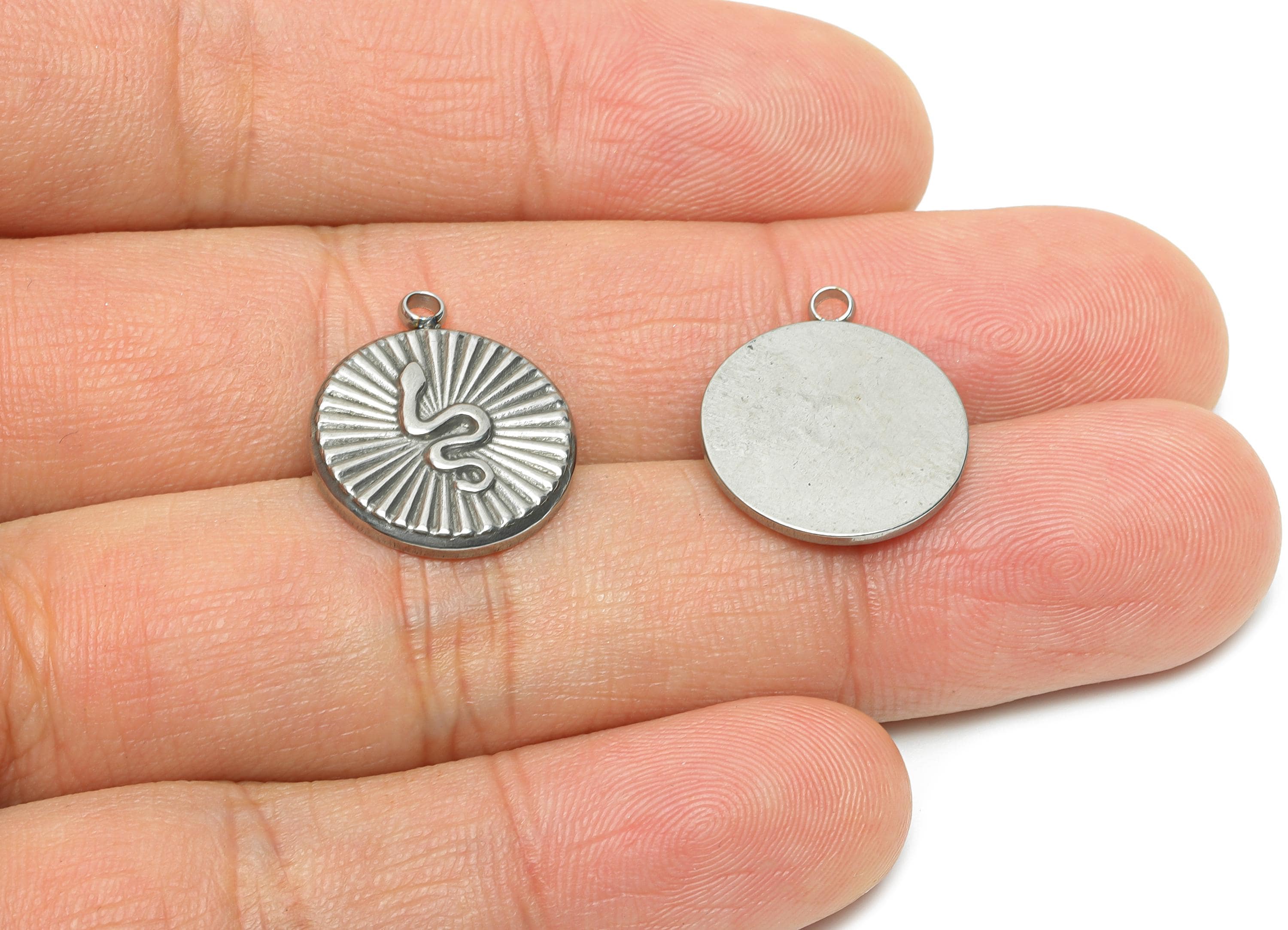 Stainless Steel Snake Charm - Textured Round Sunburst Snake Pendant - Mystical Serpent Charms -Steel Jewelry DIY - 18.7x15.9x2.12mm - SS2191 - DOMEDBAZAAR