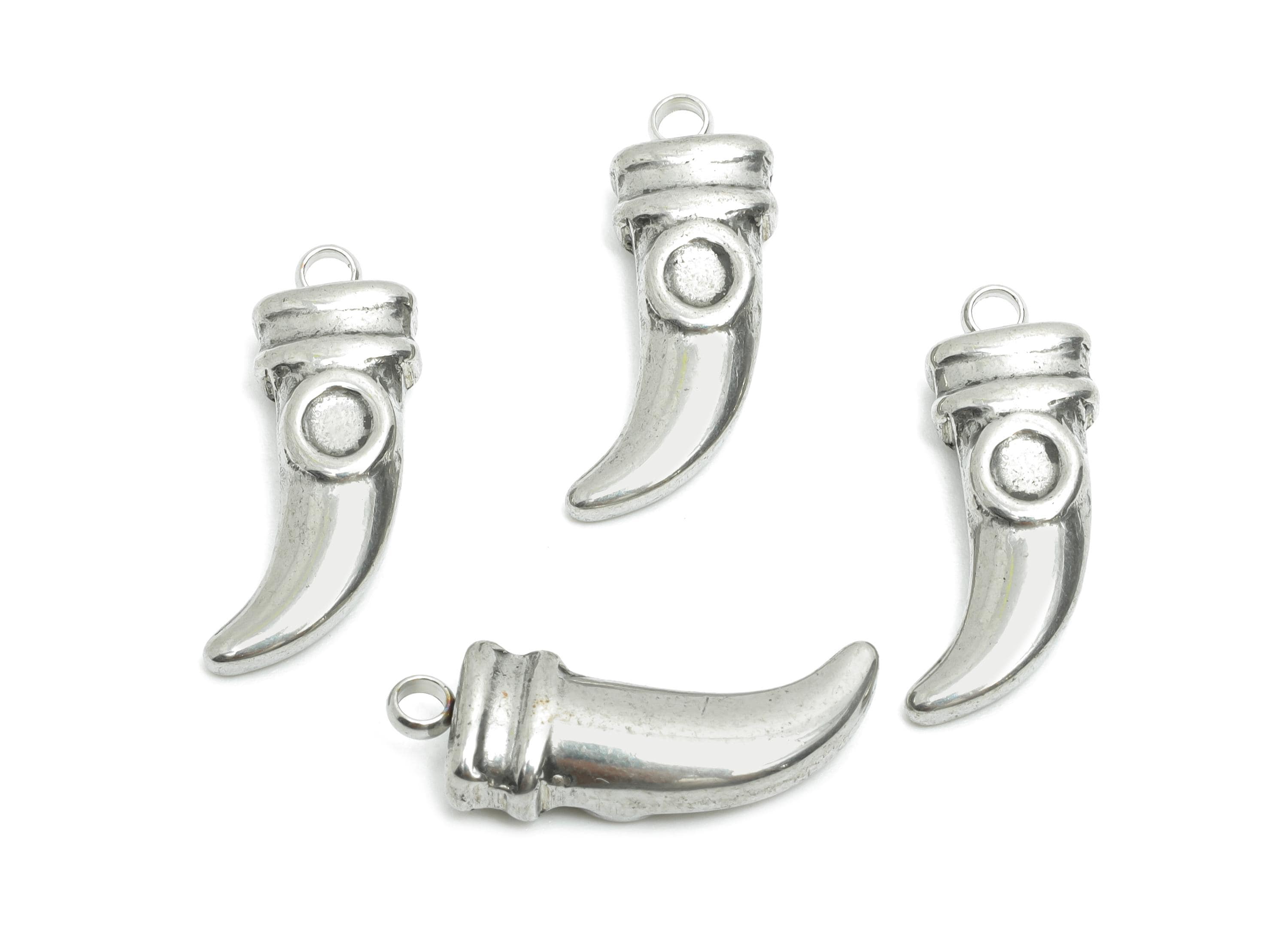 Steel Horn Charms - Silver Curved Horn Pendant for Gem - Handmade Horn Lucky Necklace Pendant - Steel Jewelry DIY - 20.4x7.4x4.58mm - SS2193 - DOMEDBAZAAR