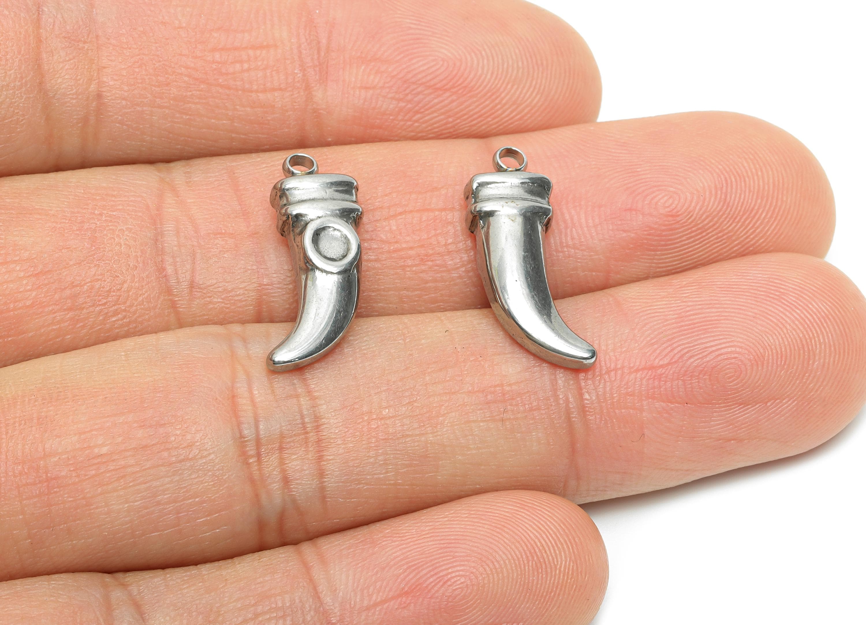 Steel Horn Charms - Silver Curved Horn Pendant for Gem - Handmade Horn Lucky Necklace Pendant - Steel Jewelry DIY - 20.4x7.4x4.58mm - SS2193 - DOMEDBAZAAR