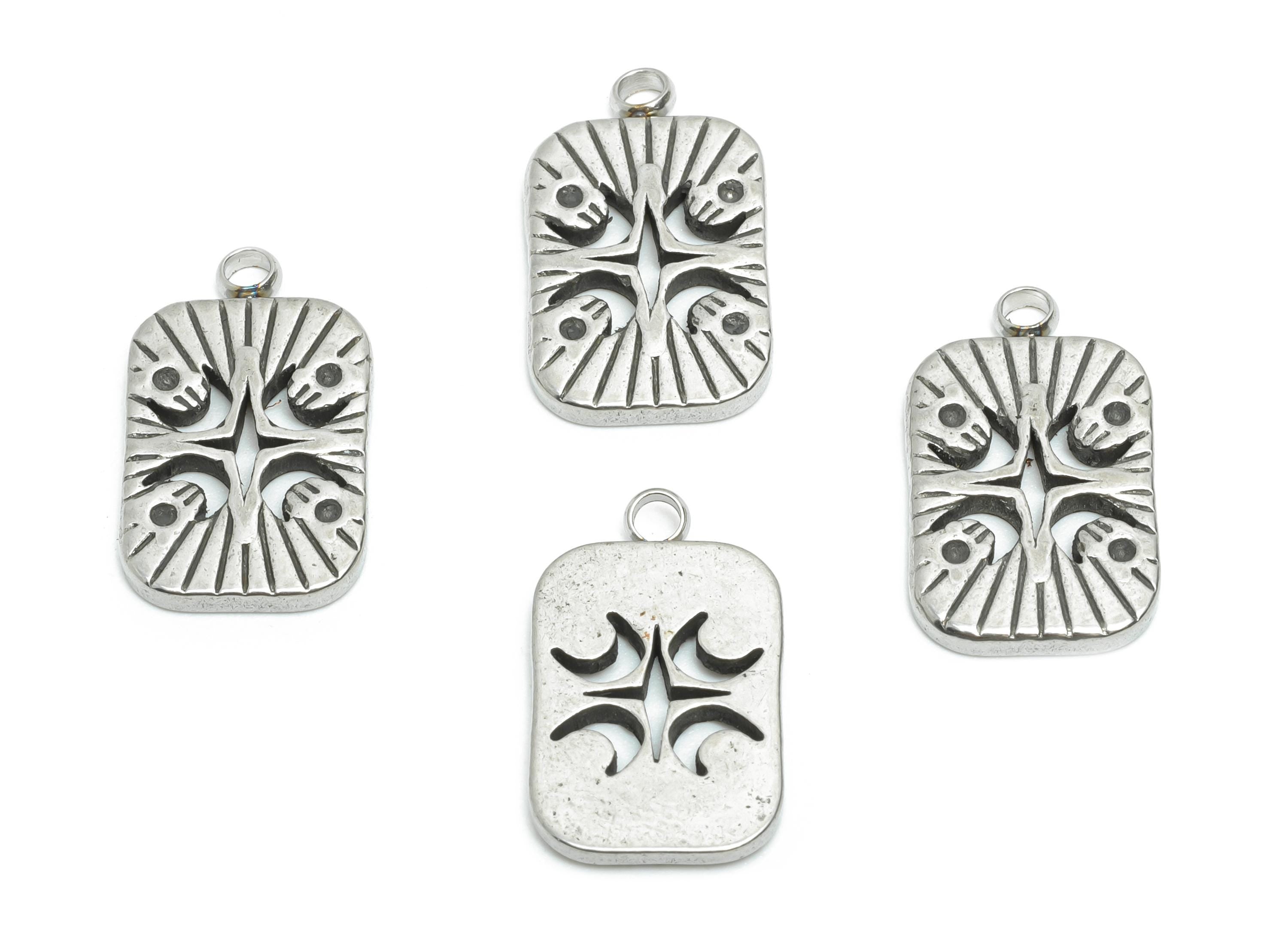 Steel Rectangle Charm - Vintage Geometric Moon Necklace Pendant - Rustic Silver Talisman Pendant - Steel Finding - 17.8x10.59x1.7mm - SS2200 - DOMEDBAZAAR