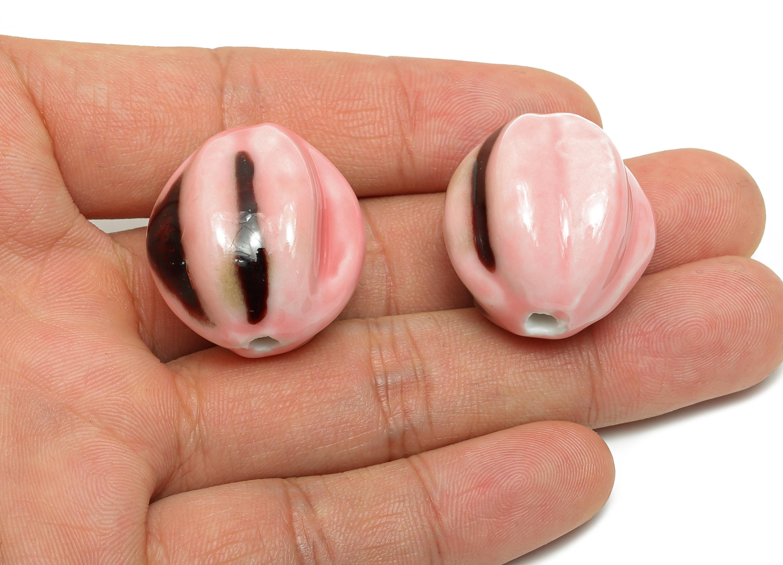 Striped Oval Ceramic Bead - Craft Beads for Necklace or Bracelet - Rustic Artisan - Textured Ceramic  Making Supplies -27x25x25mm - NS2810 - DOMEDBAZAAR