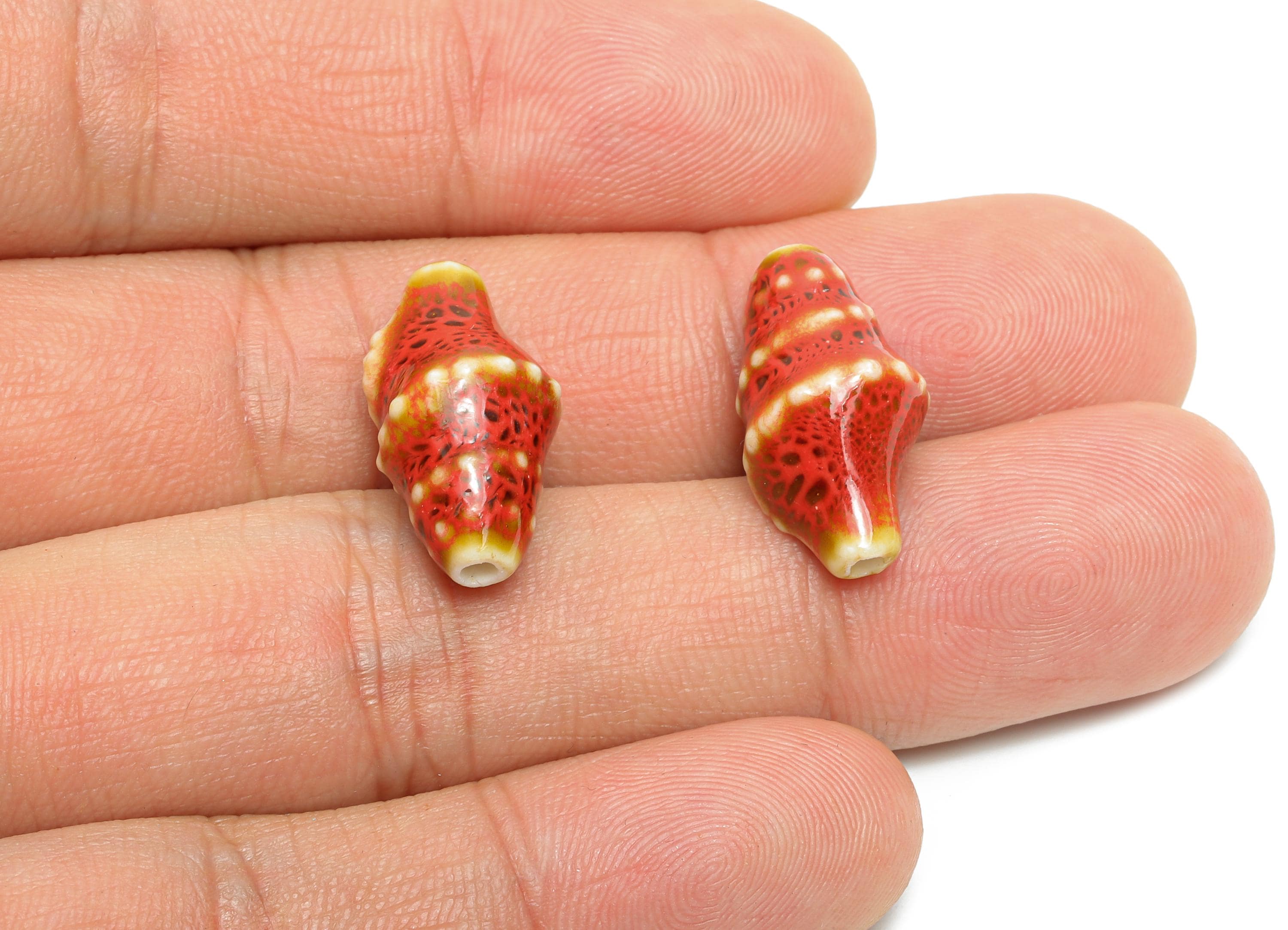 Red Ceramic Shell Beads - Craft Beads for Necklace or Bracelet - Rustic Coastal Accessories - Textured Making Supplies - 20x11x10mm -NS2775C - DOMEDBAZAAR