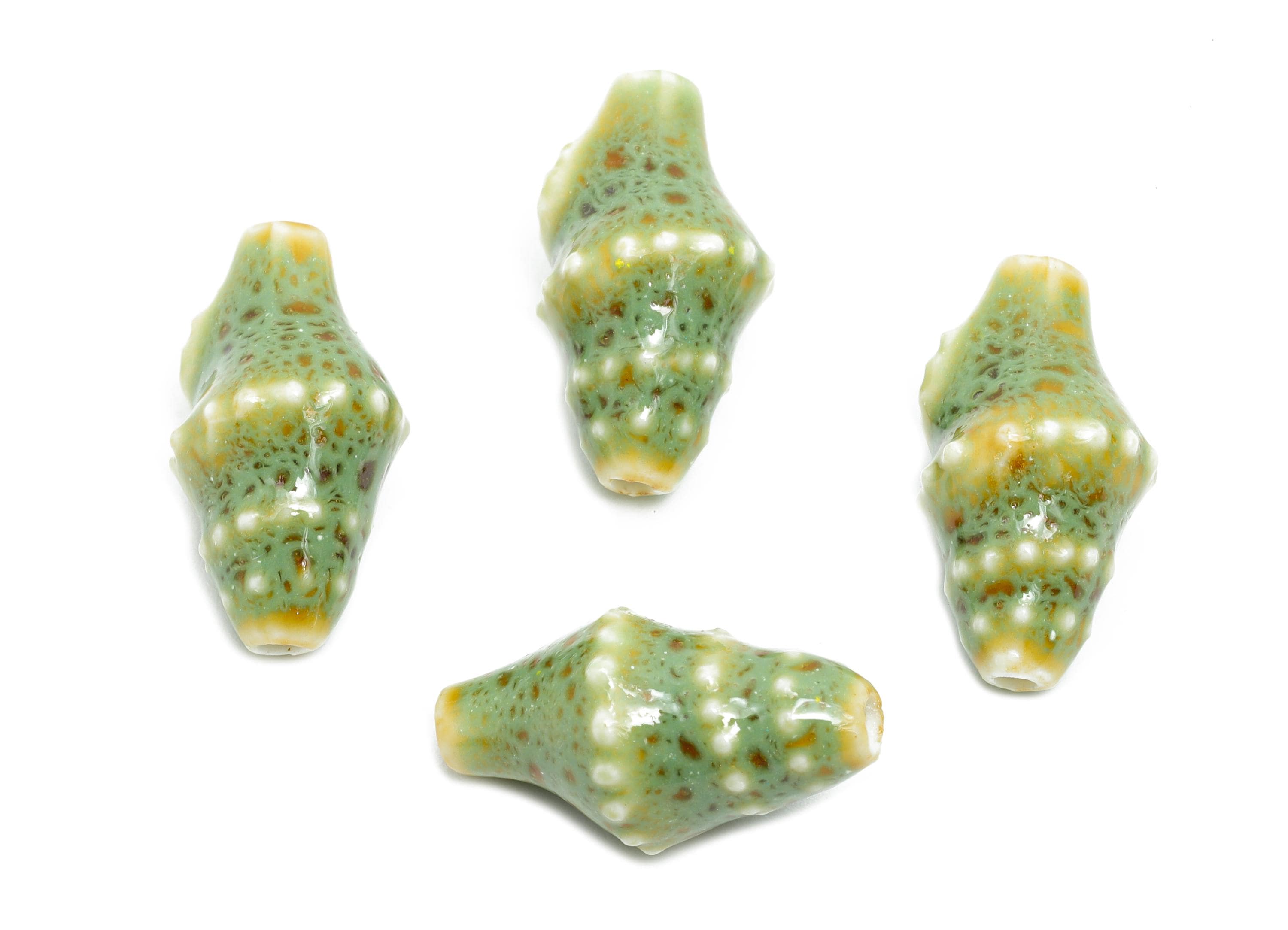 Glazed Ceramic Shell Beads - Craft Beads for Necklace or Bracelet - Green Rustic Coastal Bead - Making Supplies - 20x11x10mm - NS2775F - DOMEDBAZAAR