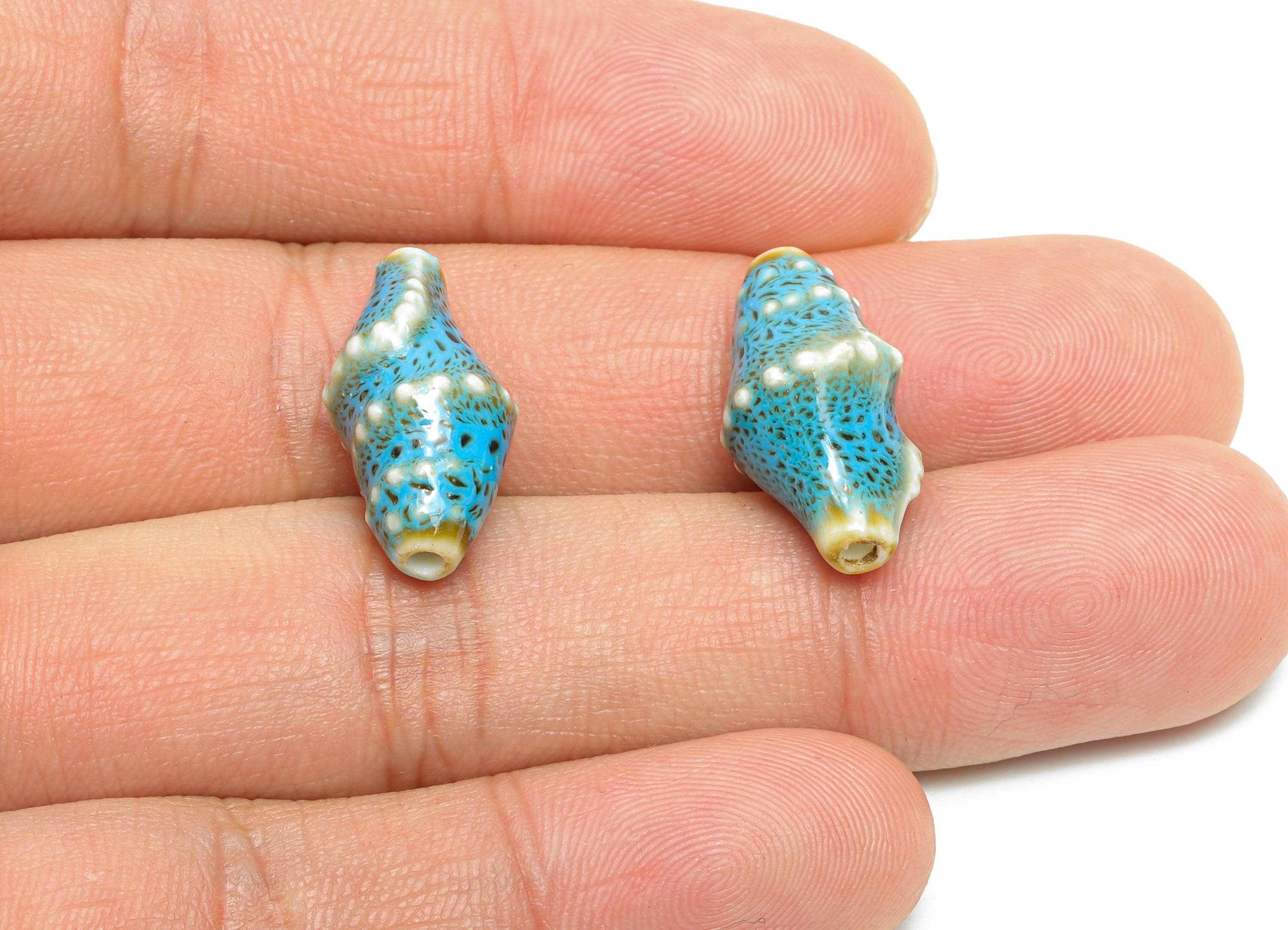 Ceramic Shell Beads - Craft Beads for Necklace or Bracelet - Blue Rustic Coastal Bead - Textured Making Supplies - 20x11x10.73mm - NS2775I - DOMEDBAZAAR