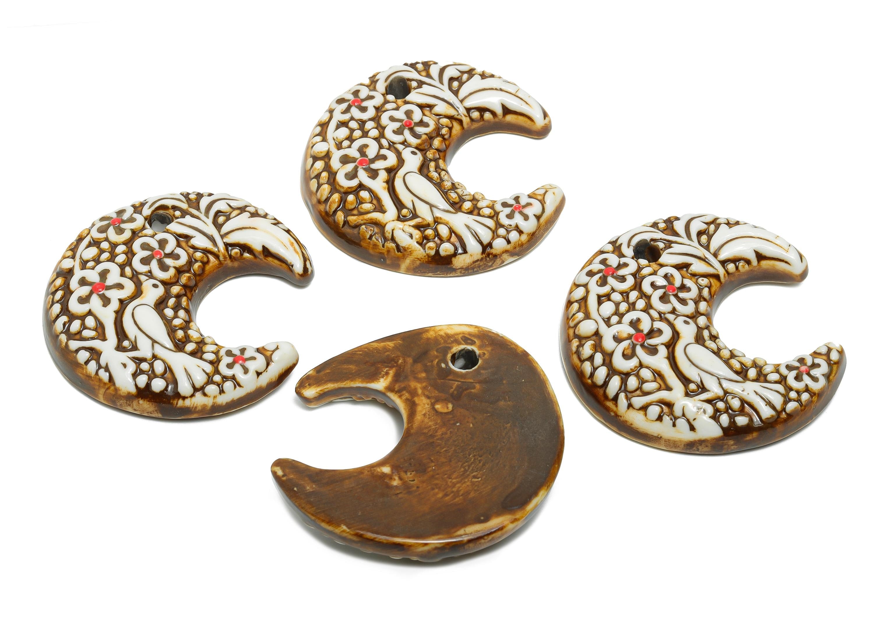 Crescent Glazed Ceramic Bird Pendants - Craft Beads for Necklace or Bracelet - Flower Ceramic Beads - Handmade Ceramic - 51x49x10mm - NS2791 - DOMEDBAZAAR