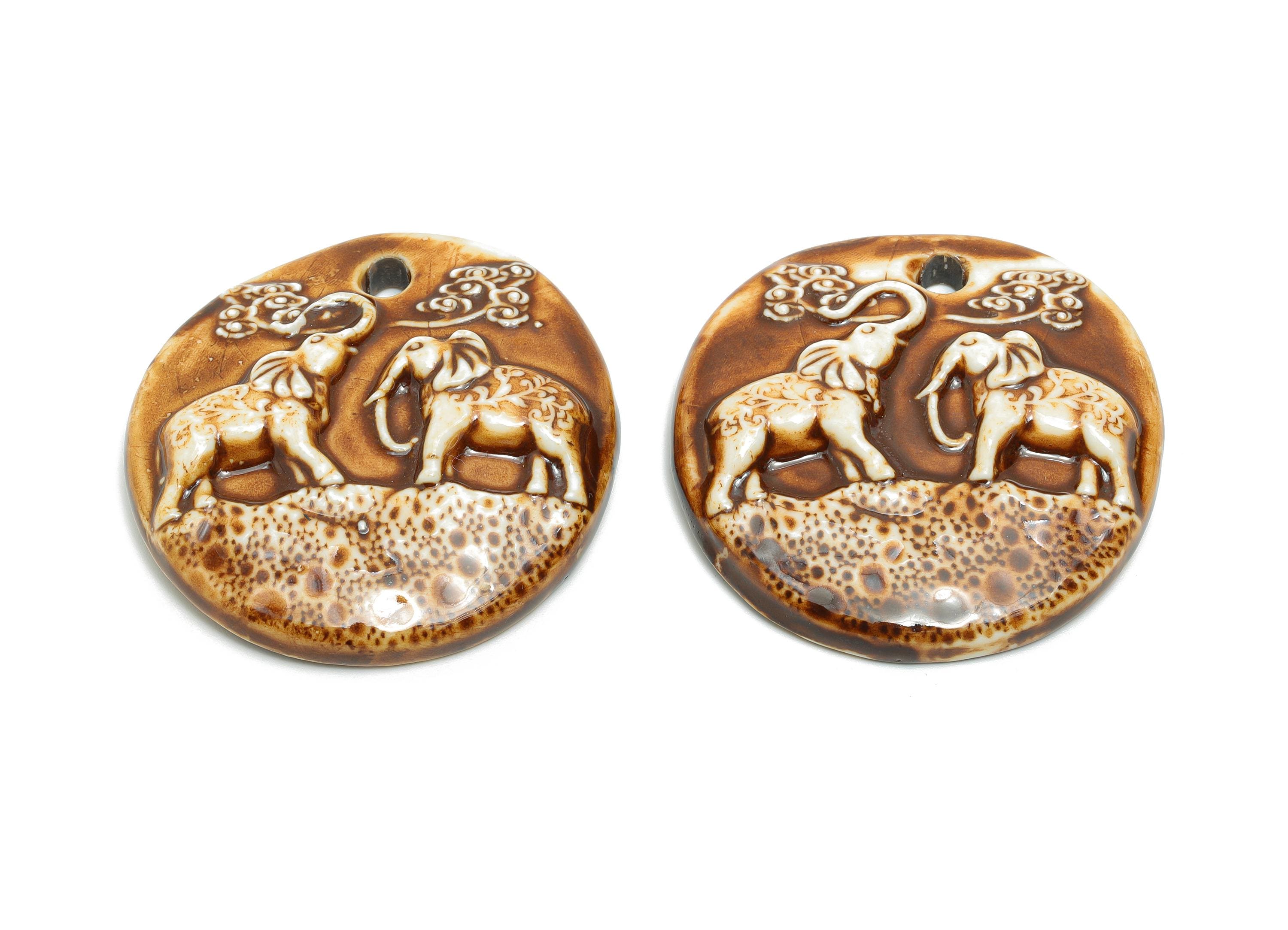 Elephant Ceramic Pendant - Handmade Elephant Charm - African Wildlife Jewelry Supplies - Brown Ceramic Animal Pendant - 50x49x10mm - NS2782 - DOMEDBAZAAR