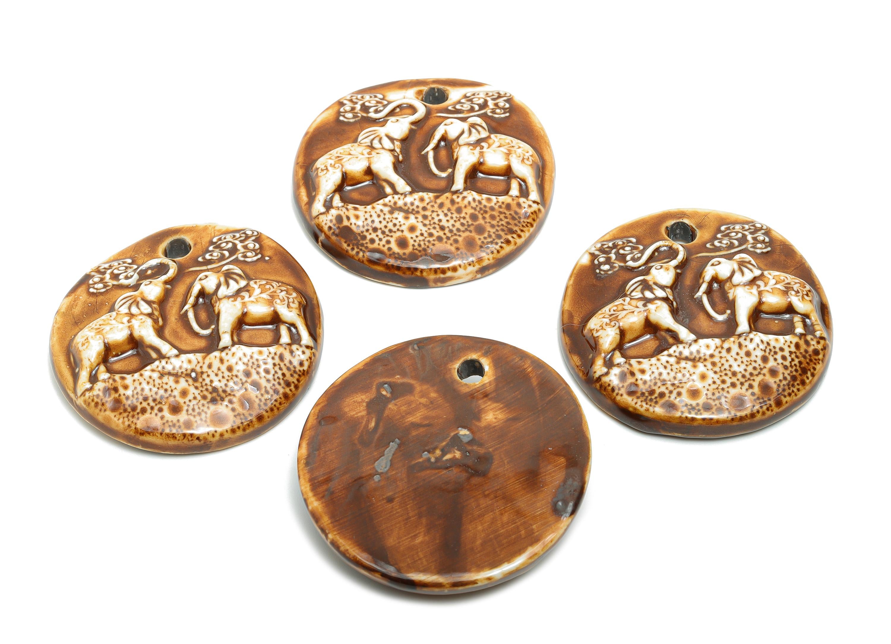 Elephant Ceramic Pendant - Handmade Elephant Charm - African Wildlife Jewelry Supplies - Brown Ceramic Animal Pendant - 50x49x10mm - NS2782 - DOMEDBAZAAR