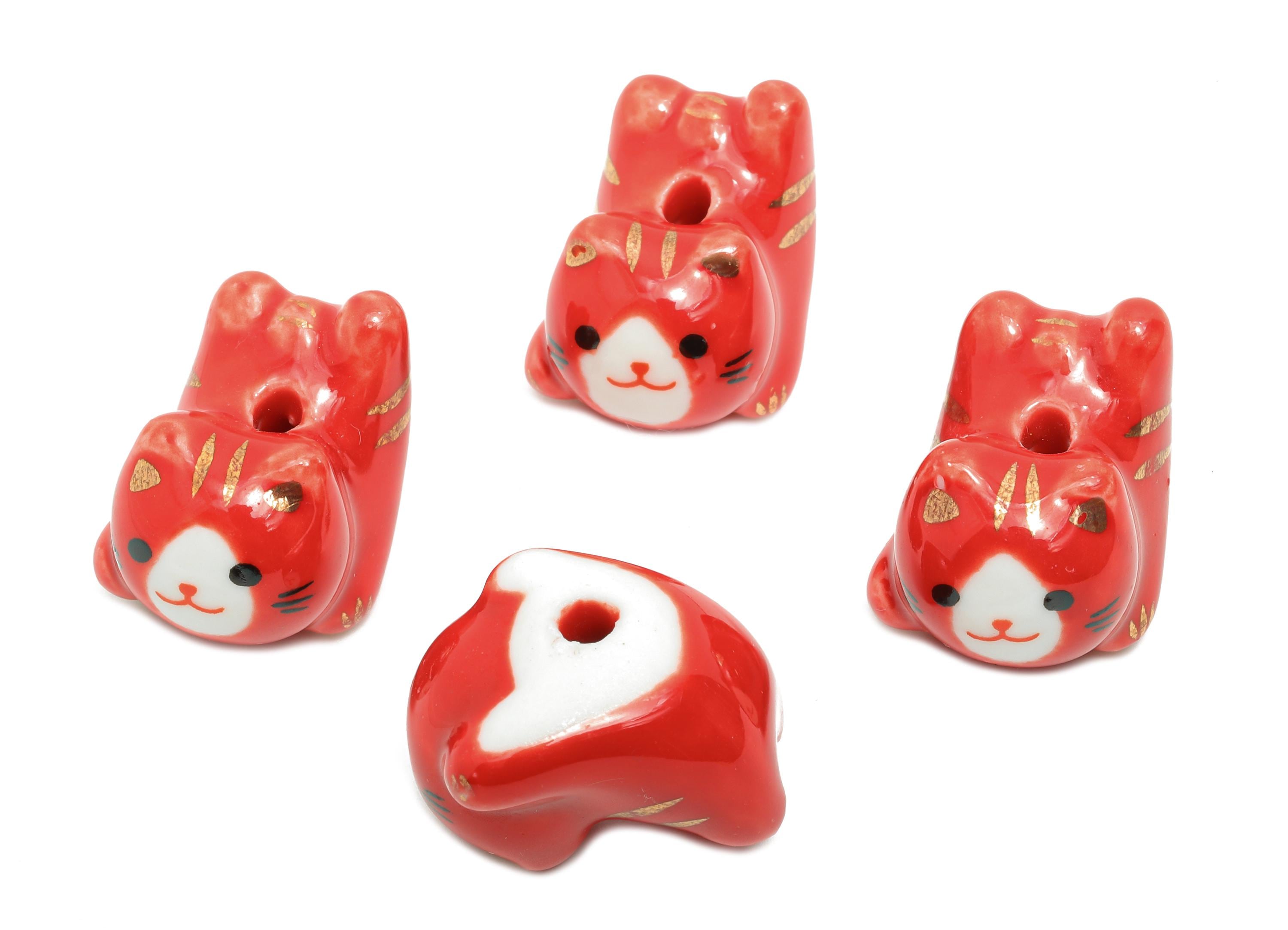 Glazed Ceramic Cat Bead - Red Lucky Cat Charm - Cute Kitty DIY Bracelet Pendant - Red Cat Figurine Bead for Jewelry - 20x16x14.6mm - NS2760 - DOMEDBAZAAR