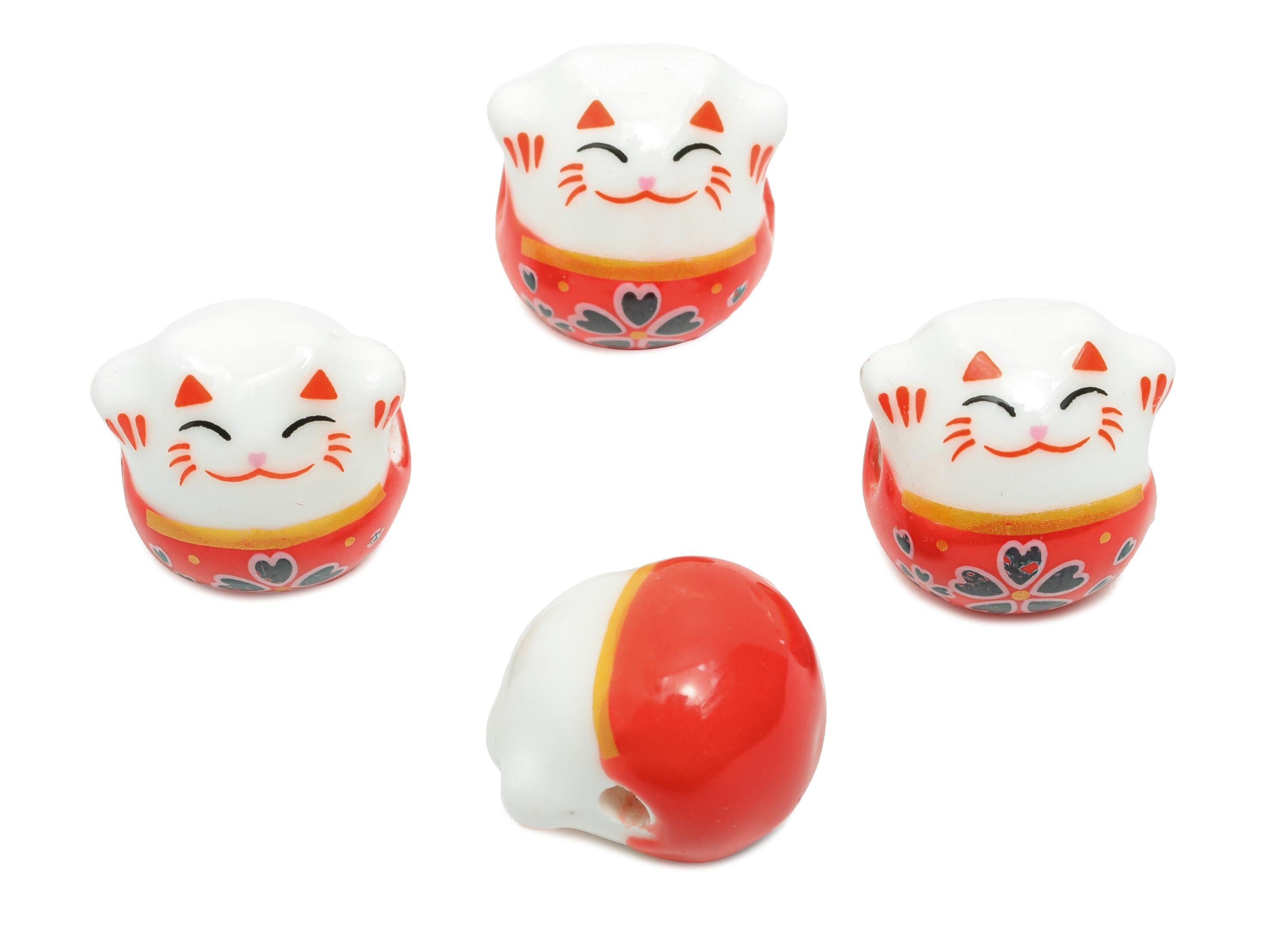 Glazed Ceramic Maneki Neko Bead - Ceramic Fortune Cat Bead - Handmade Maneki Neko Pendant -Macramé Lucky Cat Bead - 14x13x12.42mm - NS2762 - DOMEDBAZAAR