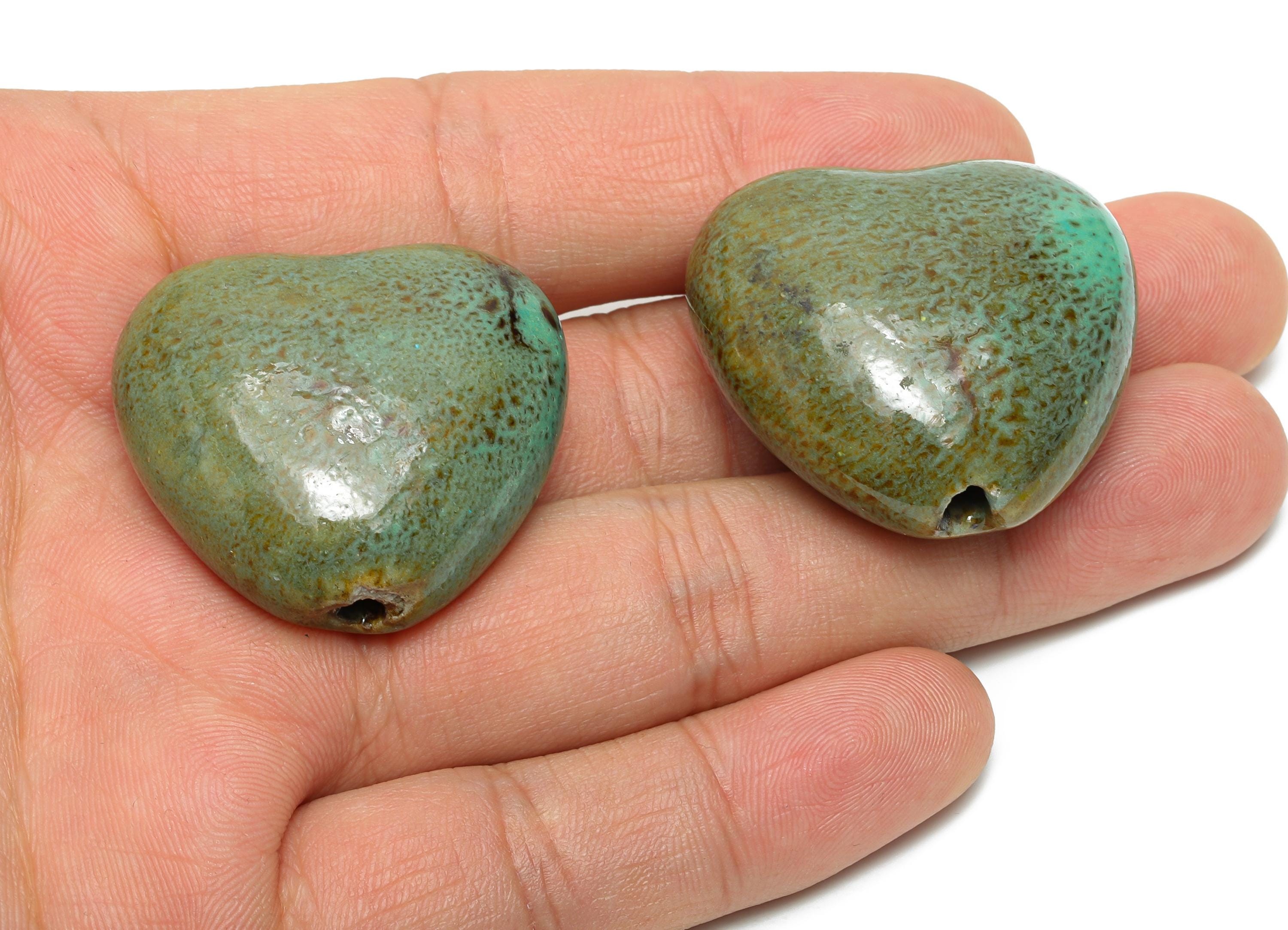 Glazed Ceramic Heart Beads - Vintage Heart Bead for Necklace - Handmade Ceramic Heart Beads - Jewelry Supplies - 32.96x34.89x24mm - NS2796 - DOMEDBAZAAR