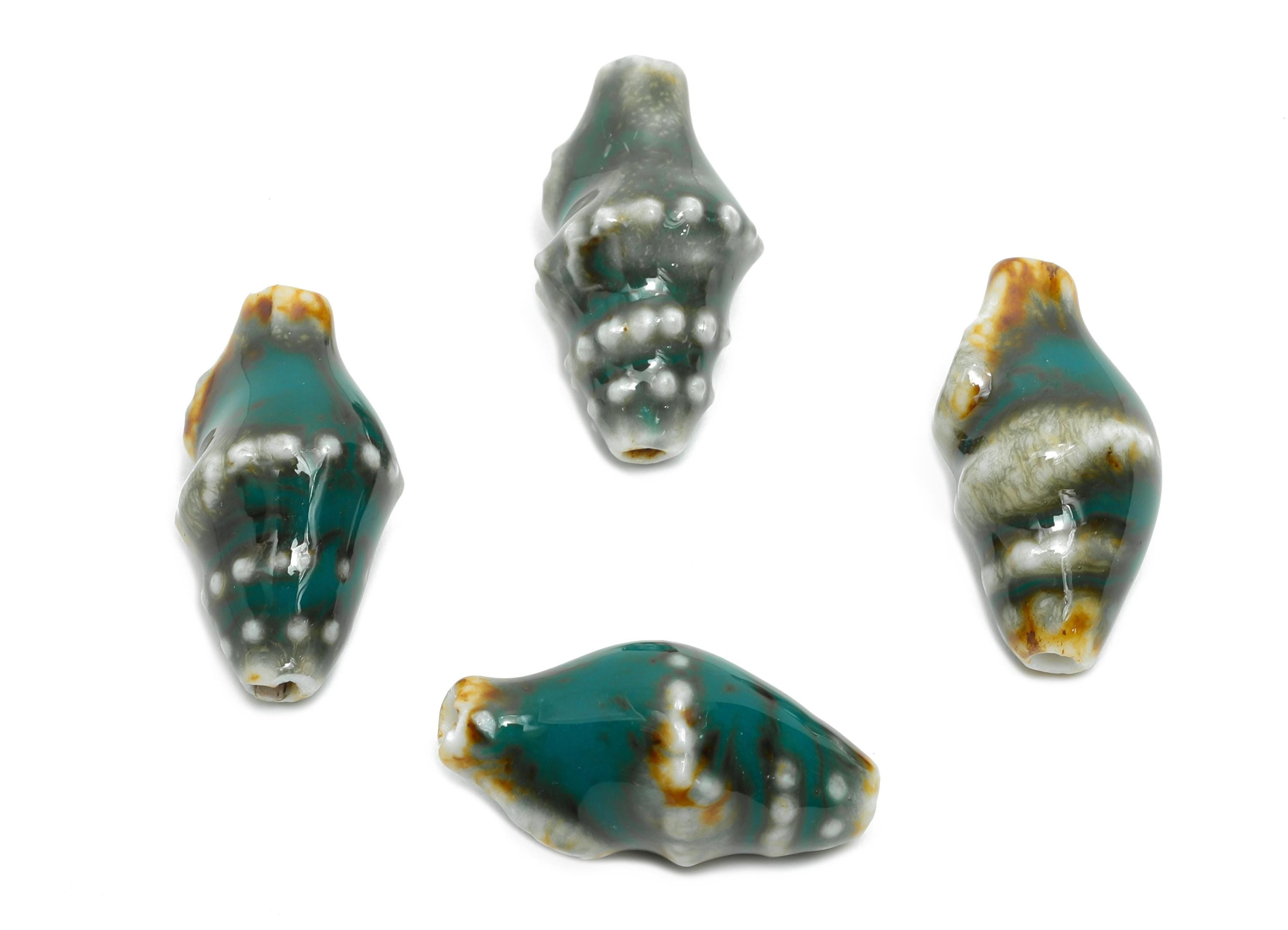 Glazed Ceramic Shell Beads - Craft Beads for Necklace or Bracelet - Deep Green Rustic Coastal Bead - Making Supplies - 20x11x10mm - NS2775B - DOMEDBAZAAR