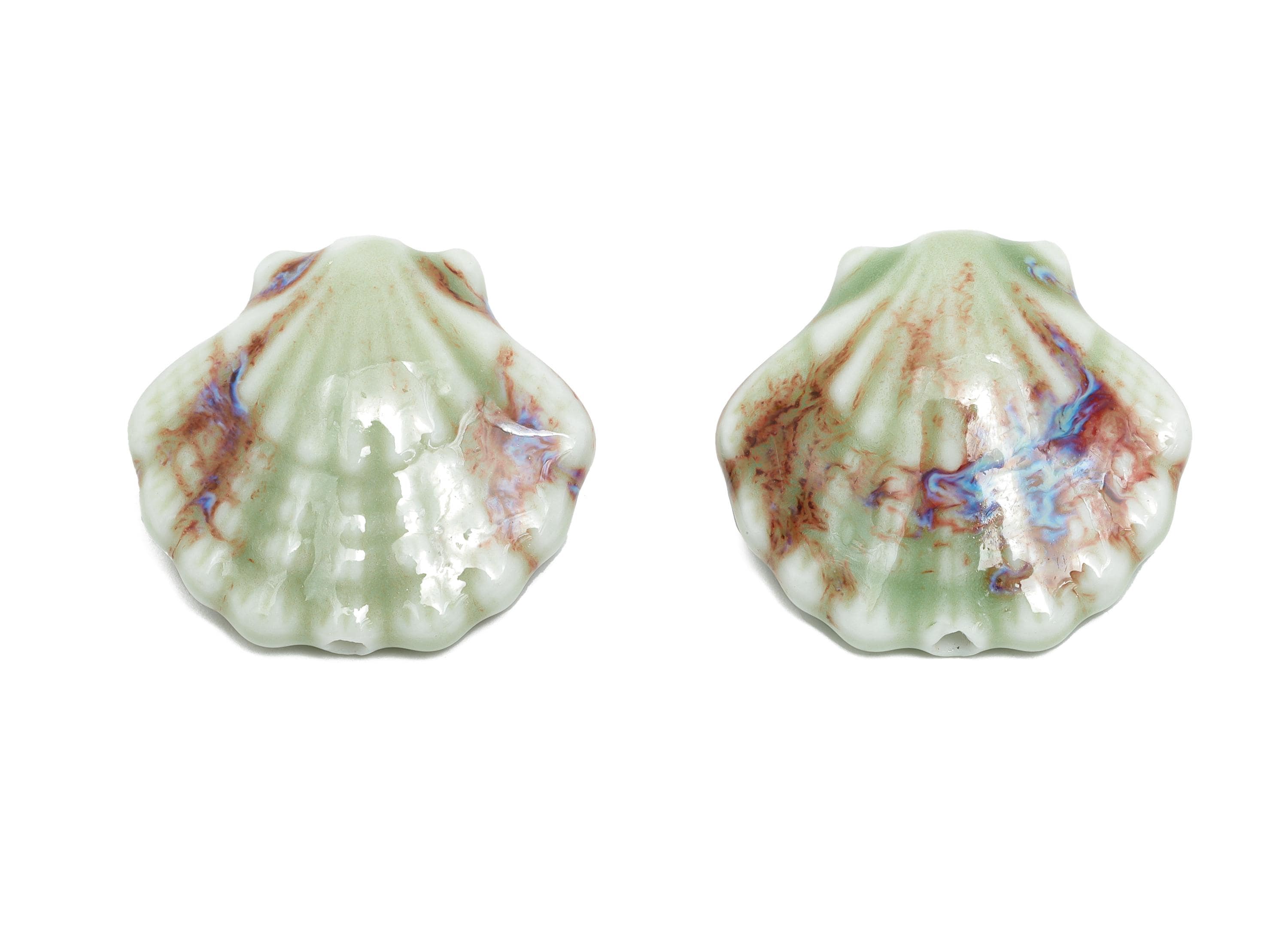 Glazed Ceramic Seashell Bead - Textured Handmade Bead - Bohemian Beach-Themed Jewelry - Marine Bead Jewelry - 25.37x27.5x10.89mm - NS2859F - DOMEDBAZAAR