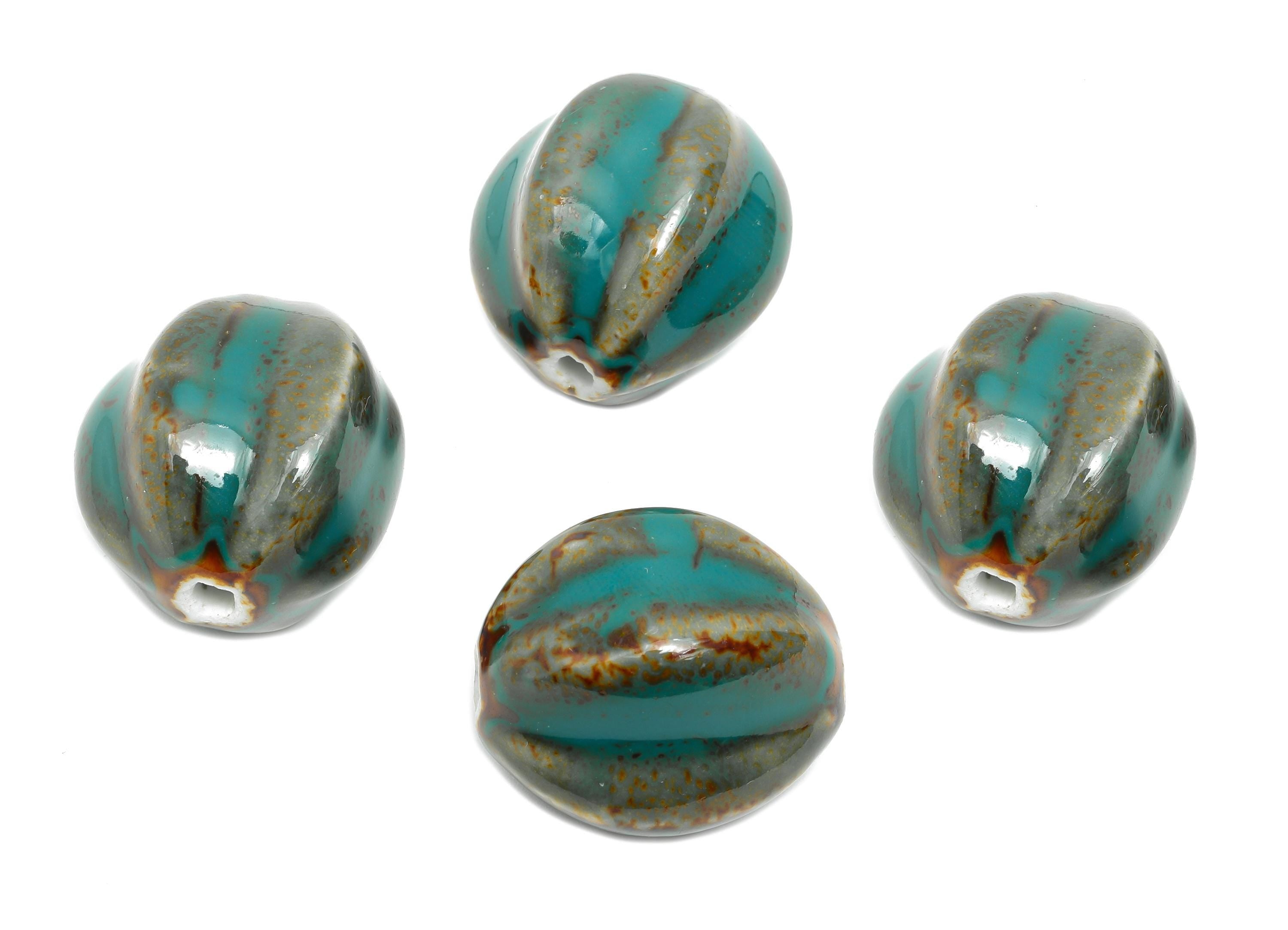 Striped Oval Ceramic Bead - Craft Beads for Necklace or Bracelet - Rustic Artisan - Textured Ceramic  Making Supplies - 27x25x24mm - NS2816 - DOMEDBAZAAR