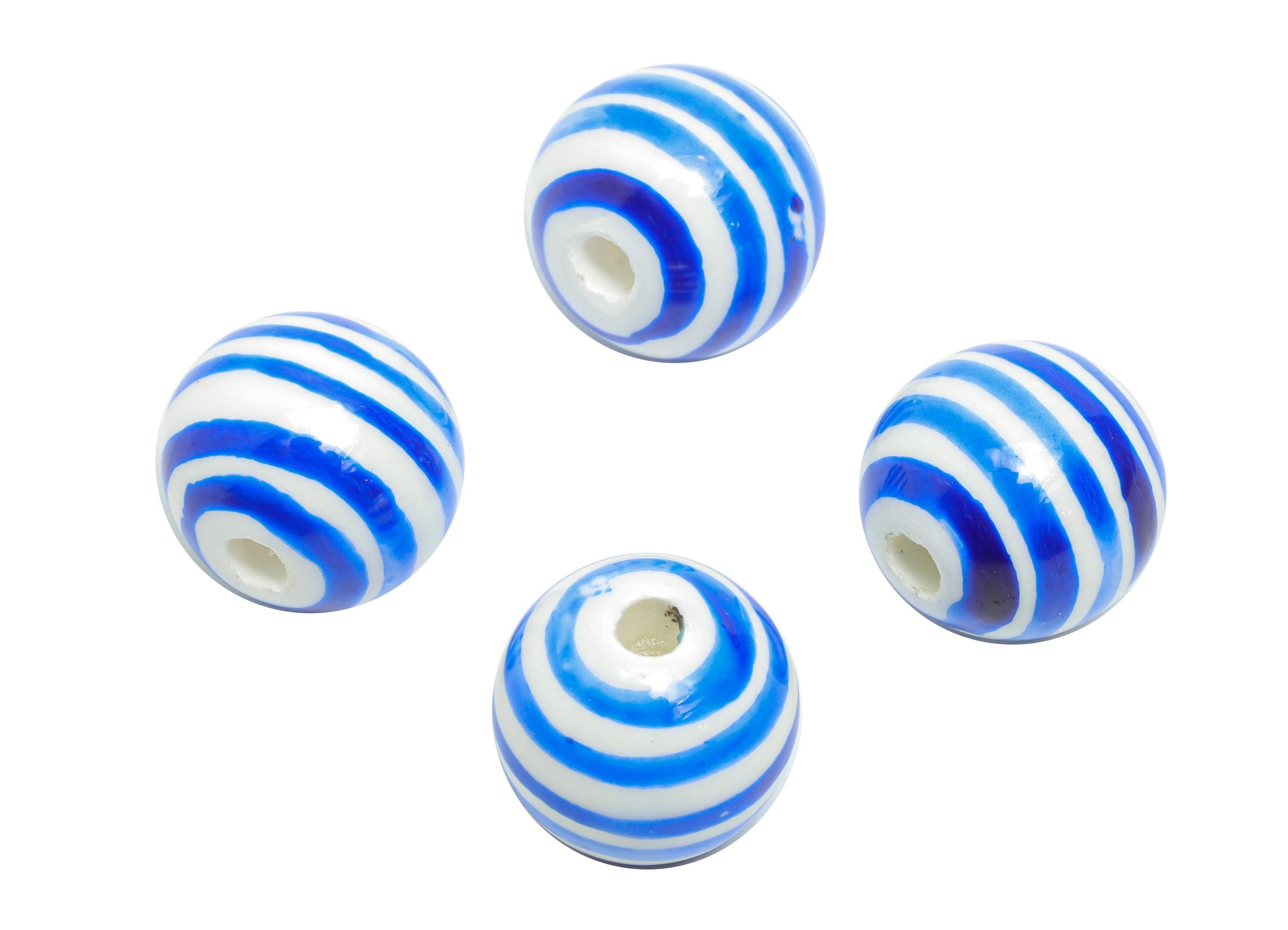 Blue Striped Ceramic Bead - Colorful Handmade Bead - Fun Glazed Pottery Bead for Bracelet - Summer Bead Jewelry DIY - 11.9x12x12mm - NS2858C - DOMEDBAZAAR