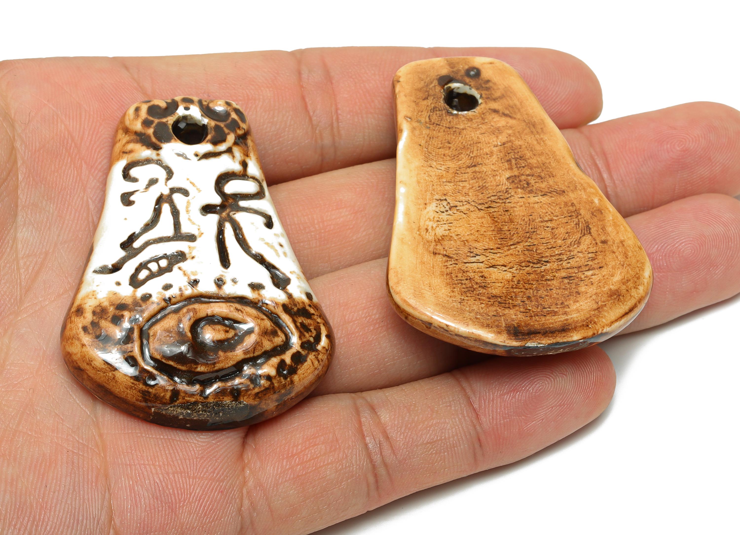 Glazed Ceramic Pendant - Anthropomorphic Figures Porcelain Pendant - Handcrafted Artifact - Boho Cultural Relic Jewelry - 54x41x10mm -NS2786 - DOMEDBAZAAR