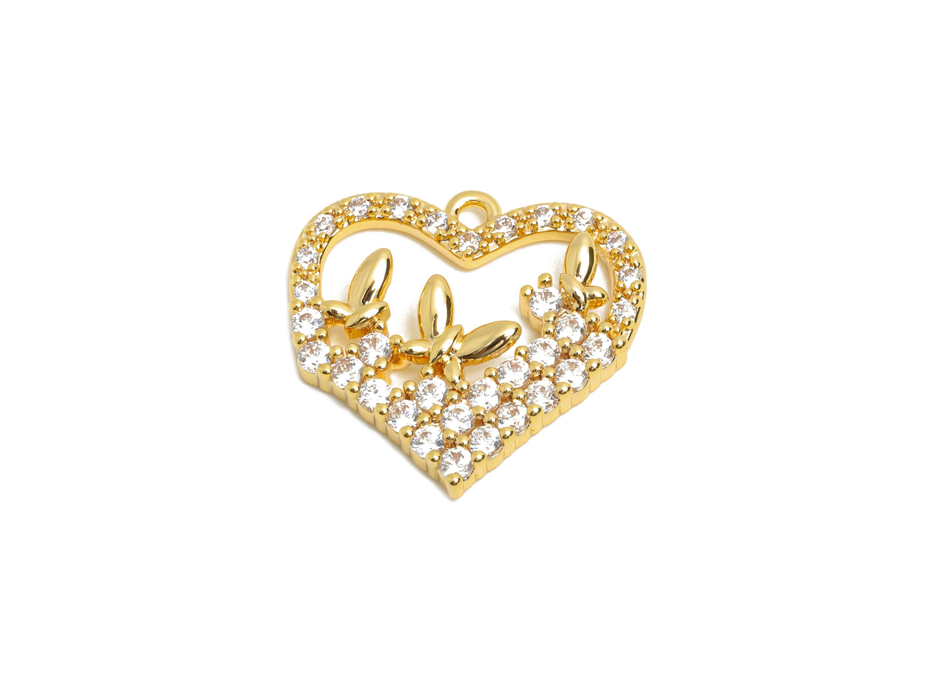 Brass CZ Heart Pendant - Brass Zircon Butterfly Luxury Pendant for Necklaces - 18K Real Gold Plating - Gold Jewelry - 17x16x3mm -RGP10834 - DOMEDBAZAAR