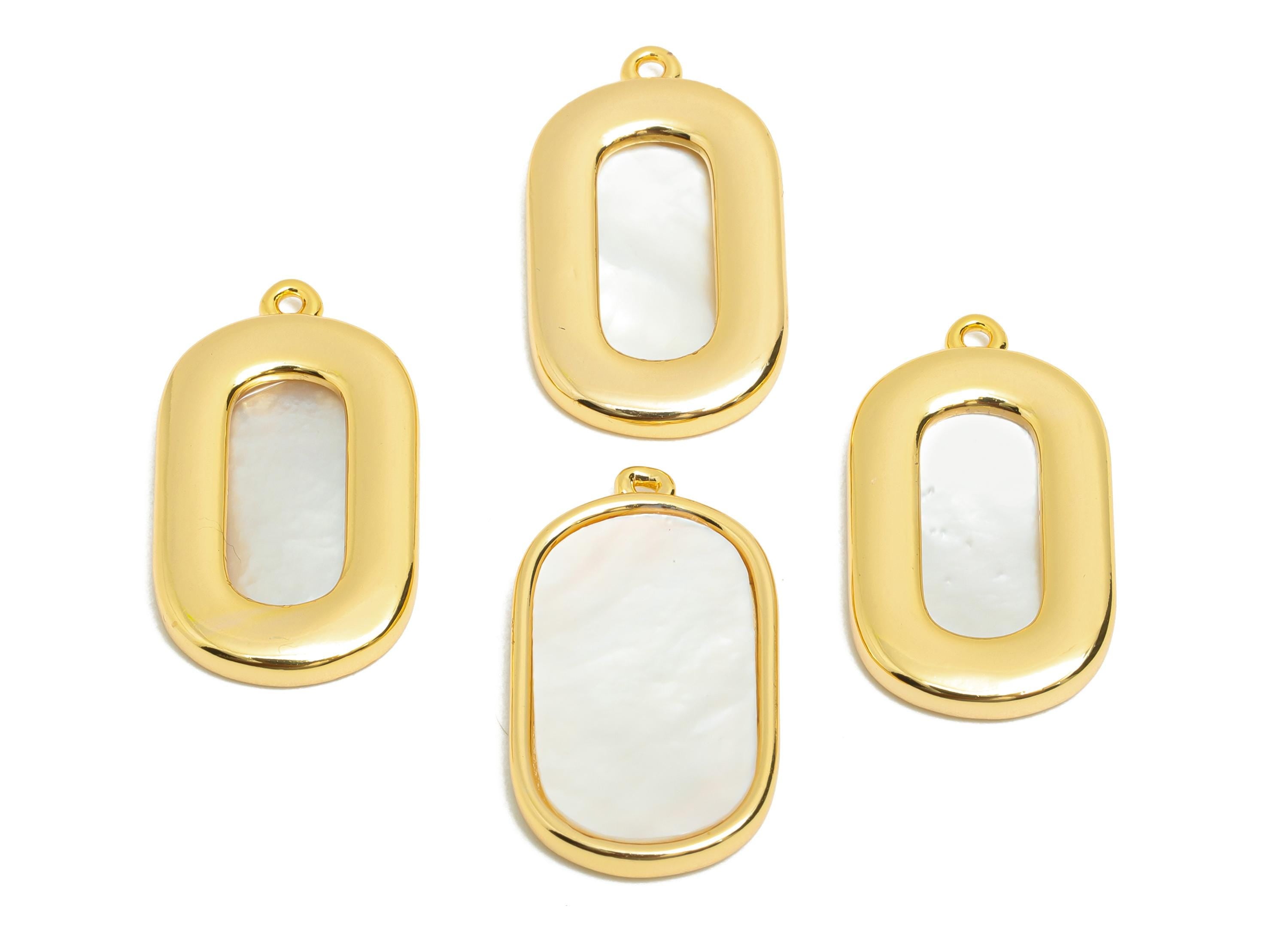 Oval Rectangle Shell Charm - Brass Frame Geometric Shell Pendant - Modern Gold Charm for Necklace - 18K Gold Plated - 22.7x13x2mm - RGP10841 - DOMEDBAZAAR