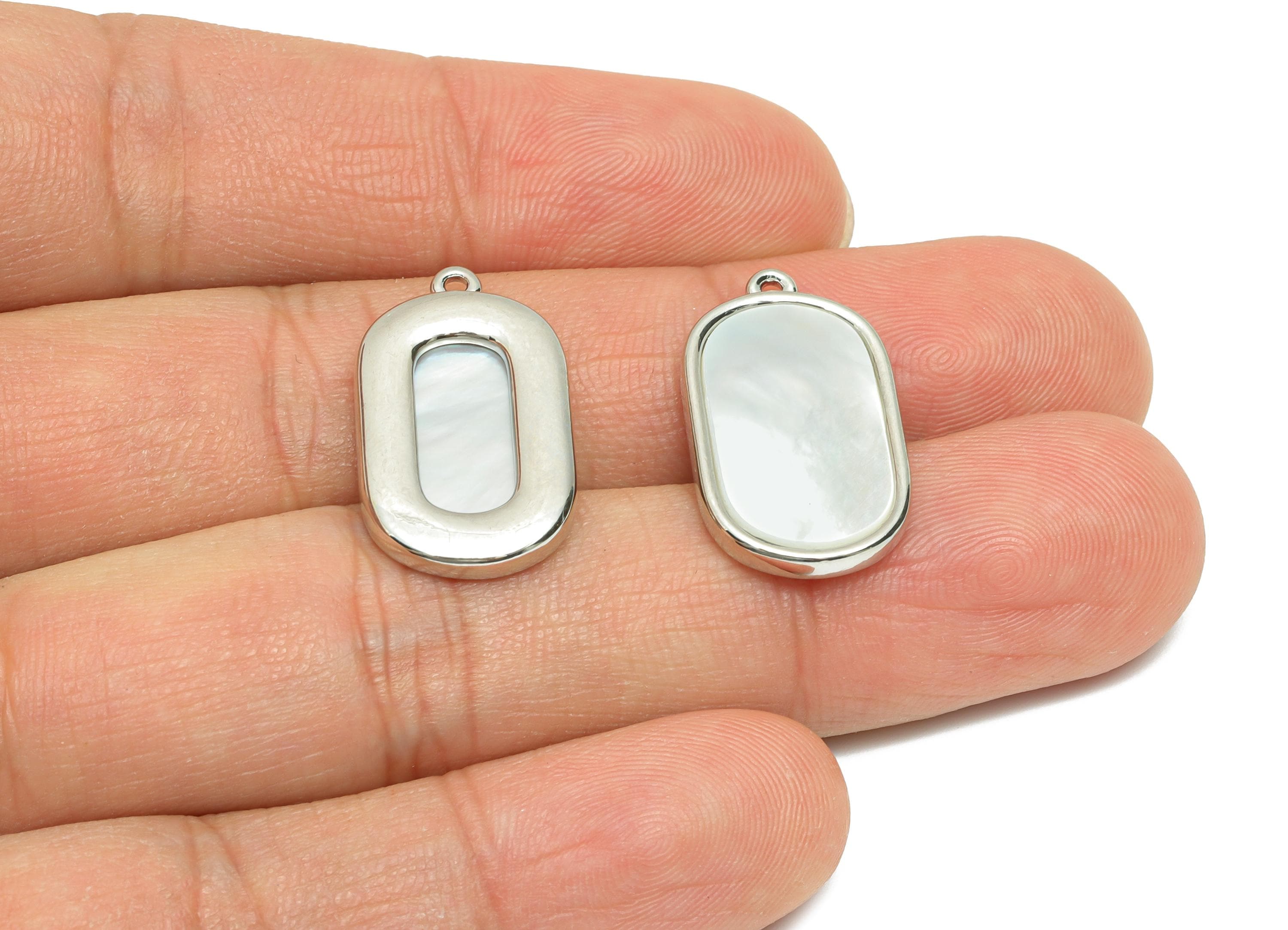 Oval Rectangle Shell Charm - Brass Frame Shell Necklace Pendant - Modern Geometric Charms - 18K White Gold Plated - 22.7x13x2mm - RGP10842 - DOMEDBAZAAR