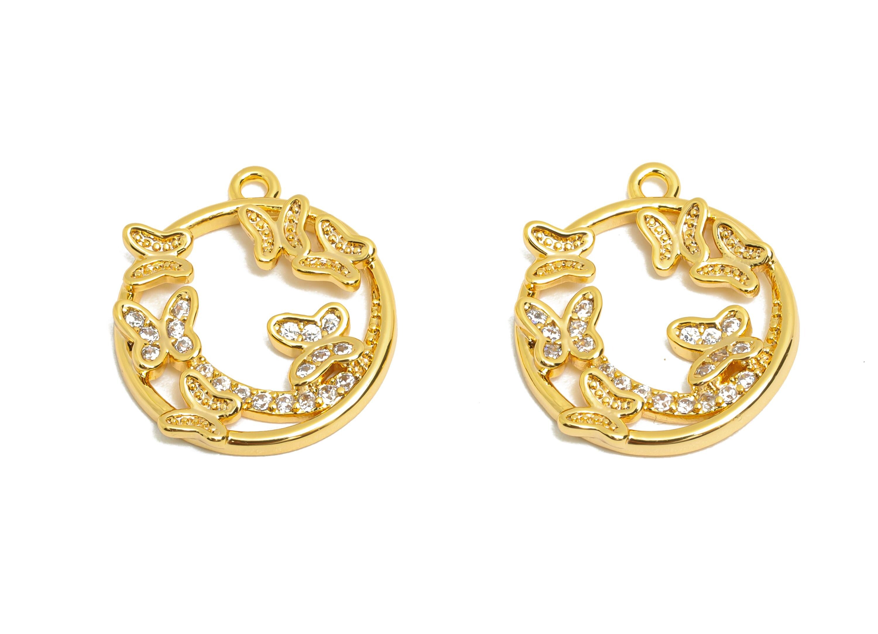 Brass CZ Round Charm - Luxury Gold Butterfly Pendant for Necklace - Sparkling Zircon Jewelry - 18K Real Gold Plated - 17.3x15x2mm - RGP10831 - DOMEDBAZAAR
