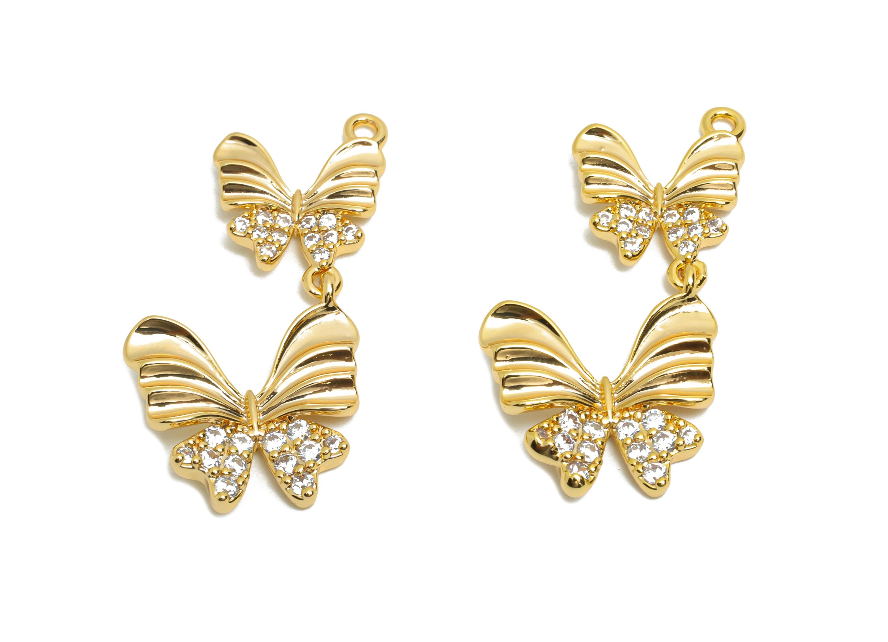 Dainty Gold Butterfly Charm - Brass Zircon Butterfly Charm for Necklaces - 18K Real Gold Plating -Rhinestone Pendant - 26x14x2mm - RGP10833 - DOMEDBAZAAR