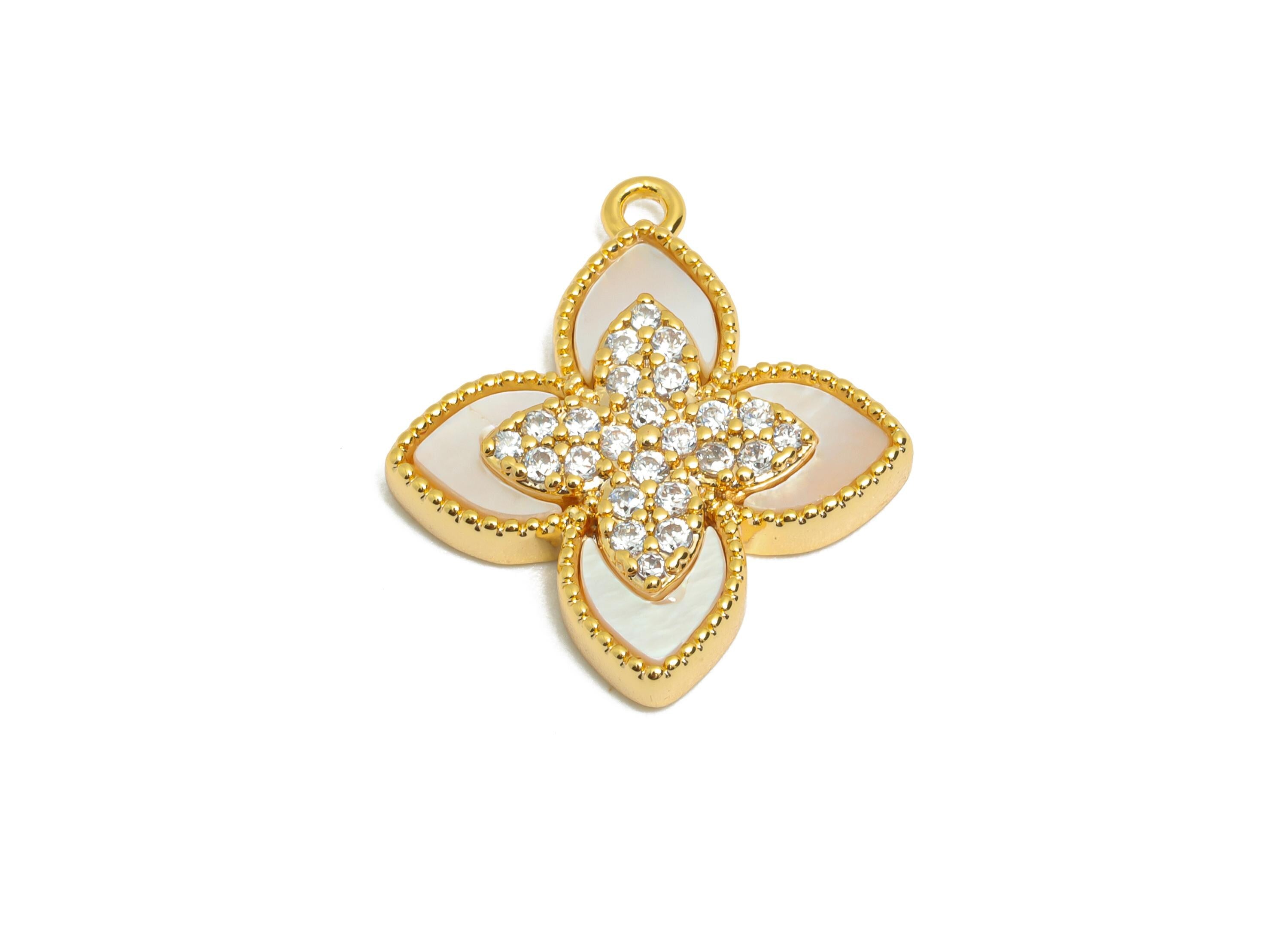 Cubic Zircon Flower Pendant - Brass Sparking Shell Custom Jewelry for DIY Necklaces - 18K Real Gold Plating - 19x17x3.31mm - RGP10836 - DOMEDBAZAAR