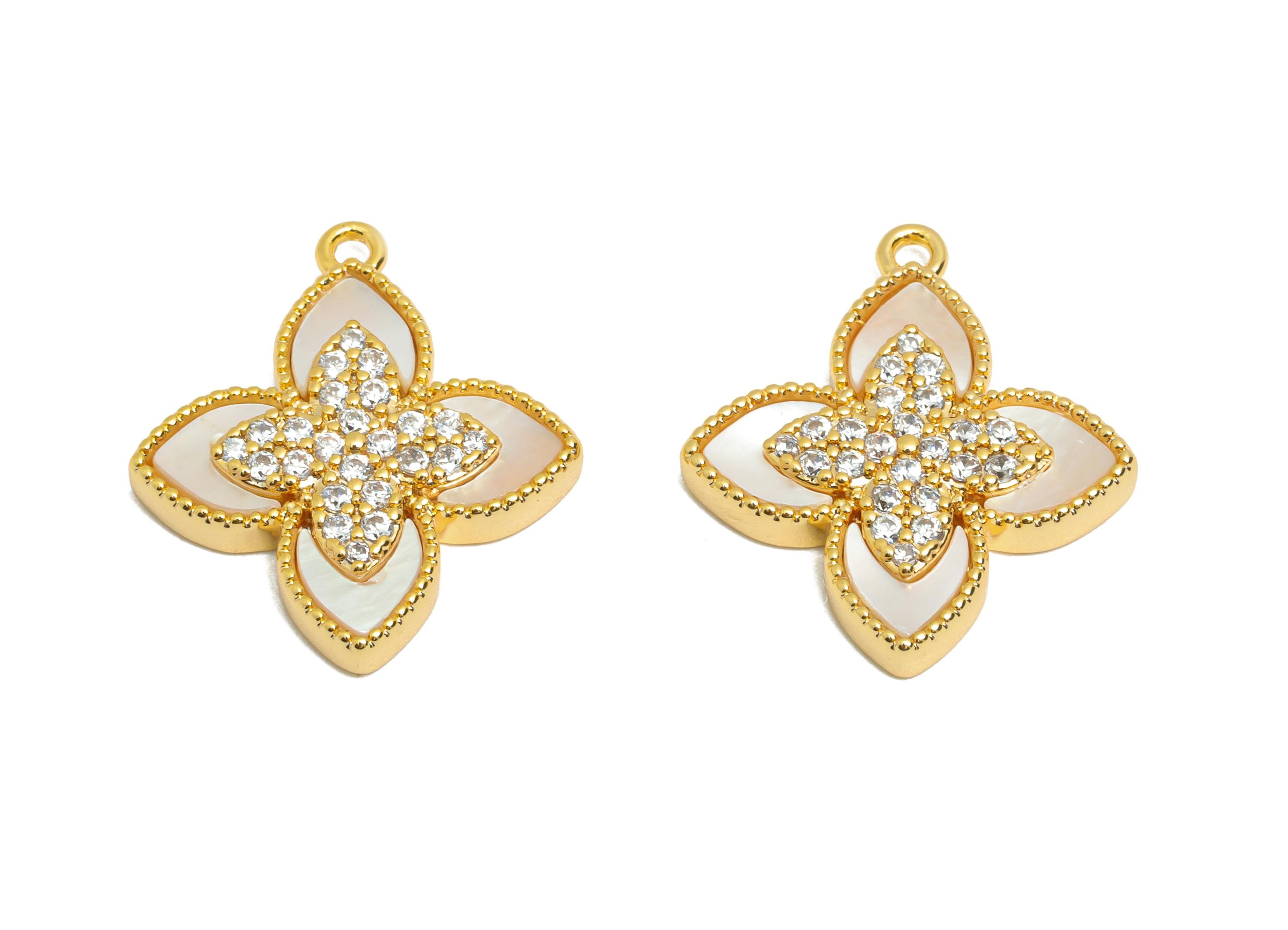 Cubic Zircon Flower Pendant - Brass Sparking Shell Custom Jewelry for DIY Necklaces - 18K Real Gold Plating - 19x17x3.31mm - RGP10836 - DOMEDBAZAAR