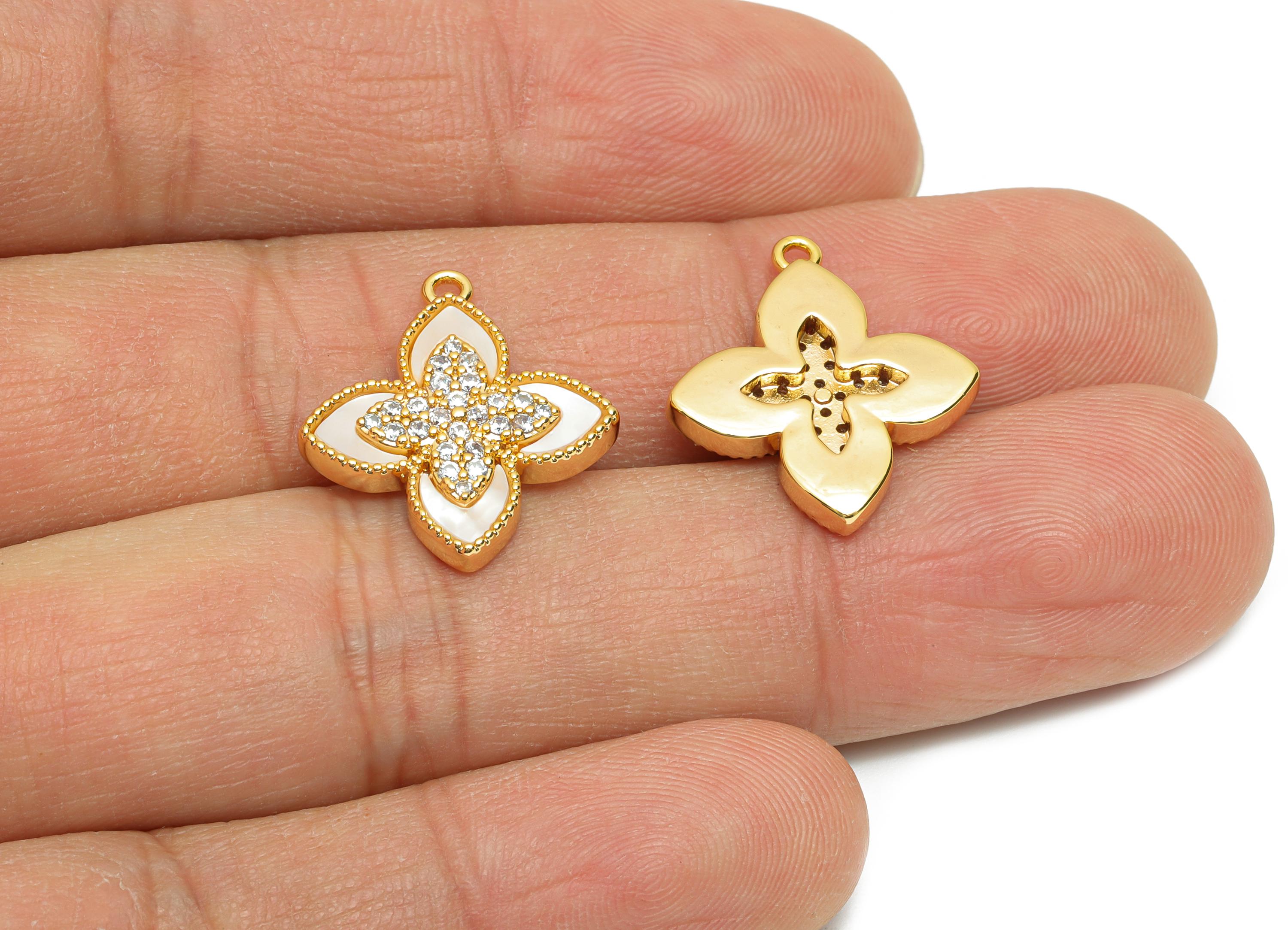 Cubic Zircon Flower Pendant - Brass Sparking Shell Custom Jewelry for DIY Necklaces - 18K Real Gold Plating - 19x17x3.31mm - RGP10836 - DOMEDBAZAAR