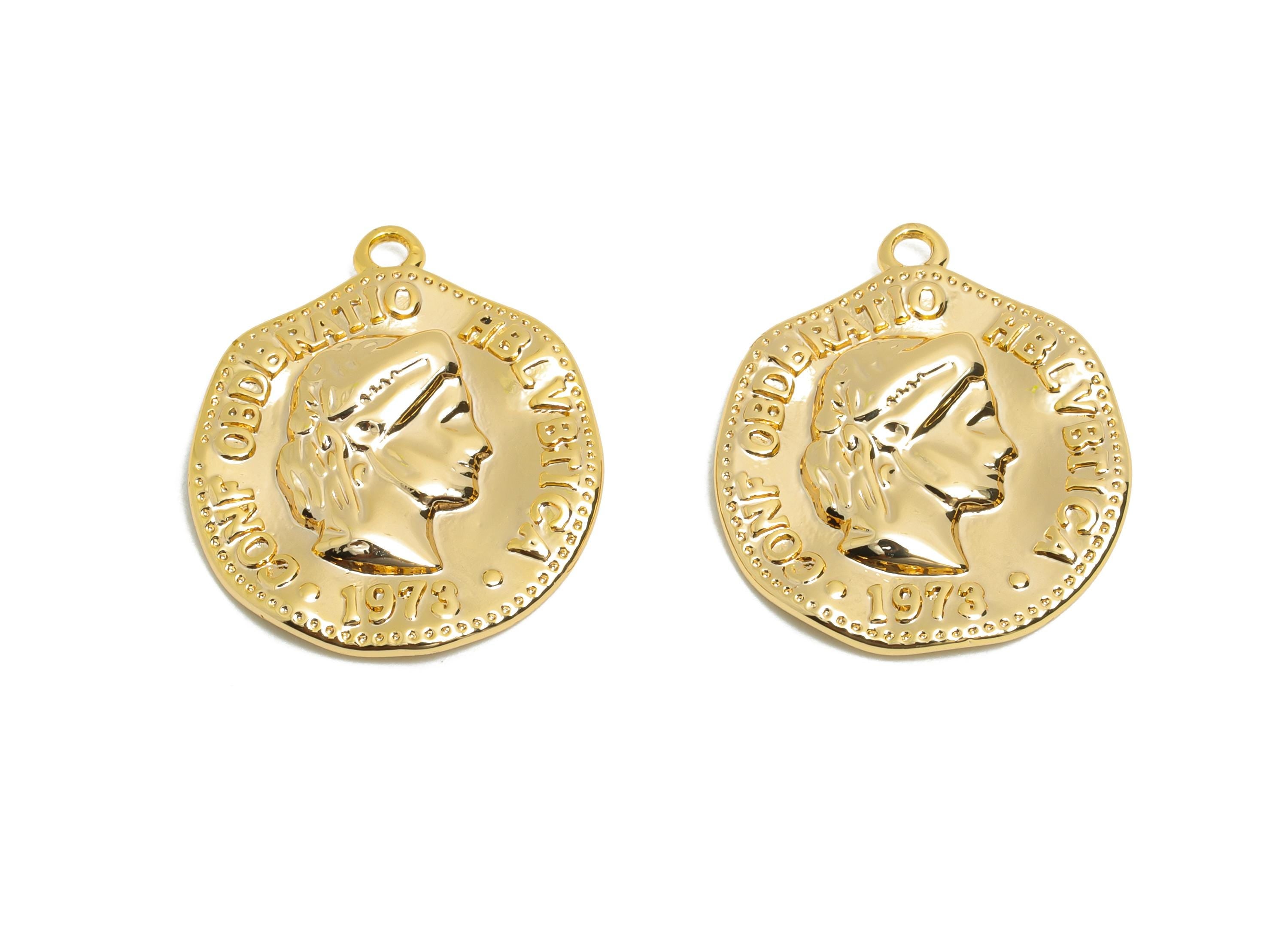 Helvetia Coin Charm - Brass Antique Style Pendant for Necklace - 18K Real Gold Plating - Vintage Medallion Pendant - 20x16x2.95mm - RGP10824 - DOMEDBAZAAR