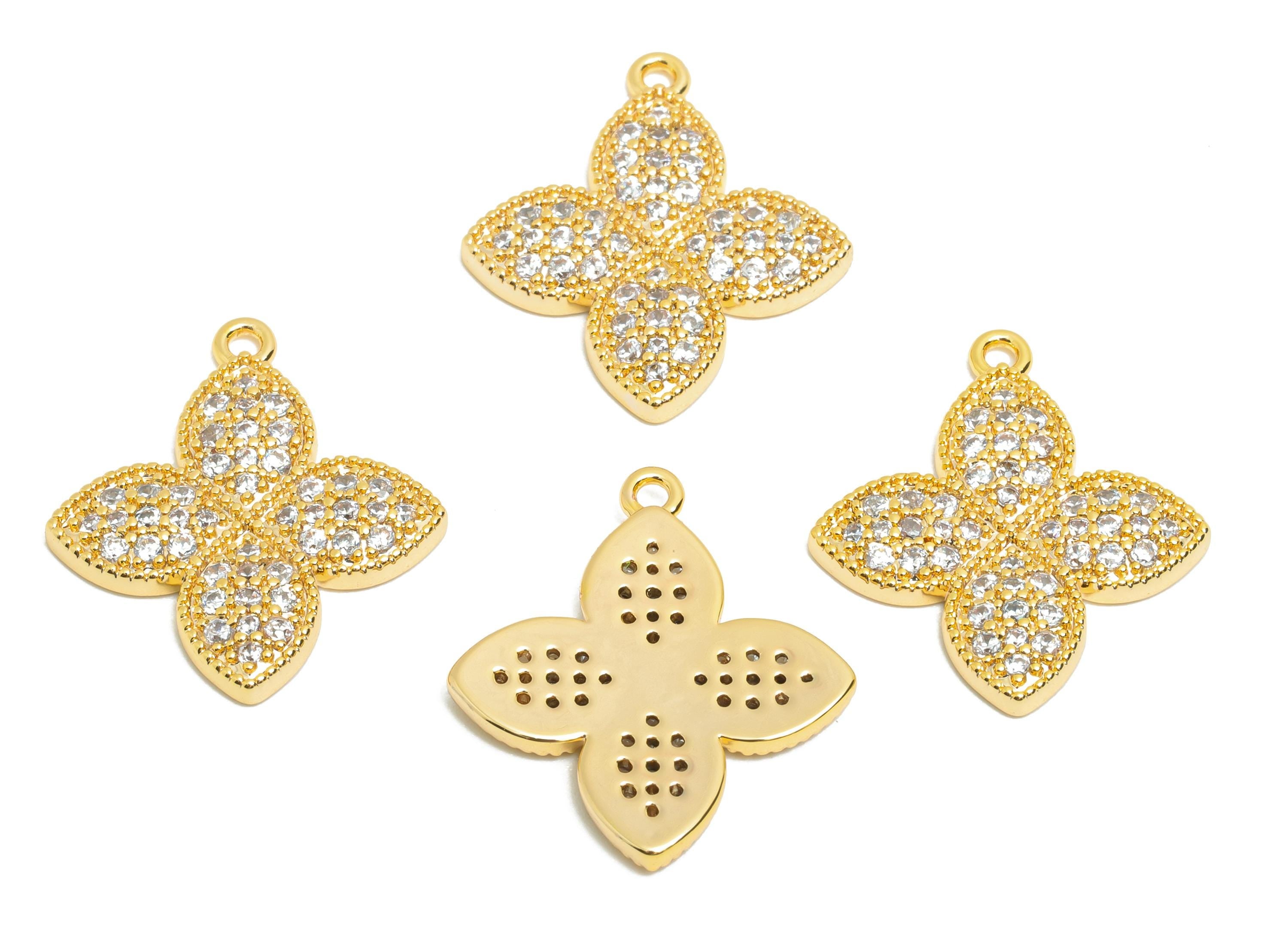 Brass CZ Flower Charm - Sparkling Gold Four-Leaf Clover Zircon Charm - Refined Jewelry Finding - 18K Real Gold Plated - 19x17x2mm - RGP10828 - DOMEDBAZAAR