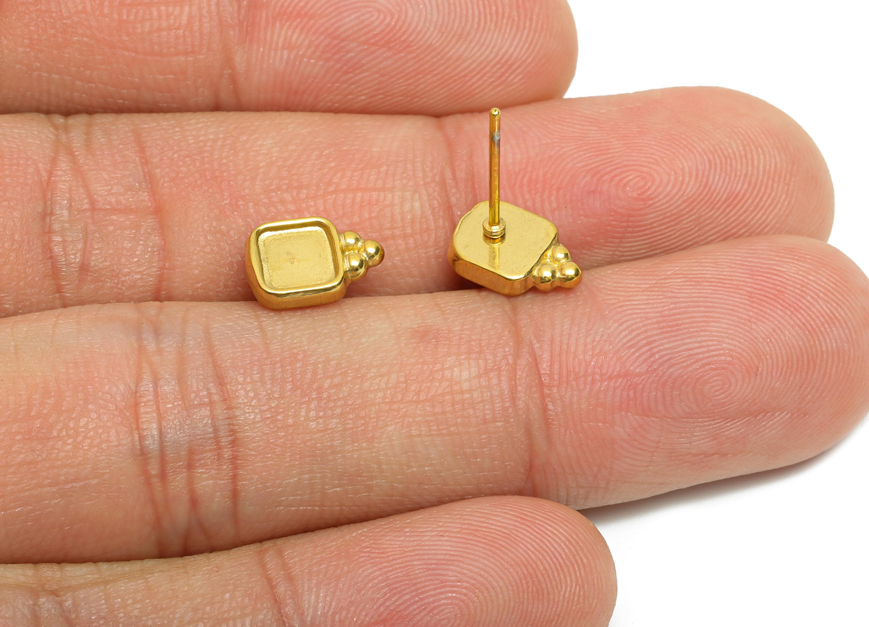 Oval Bezel Stud Earring - Steel Vintage Earring Post - Handmade Small Cabochon Earring - Mini Square Bezel Stud Earring - 9x6x2mm - SS2170G - DOMEDBAZAAR